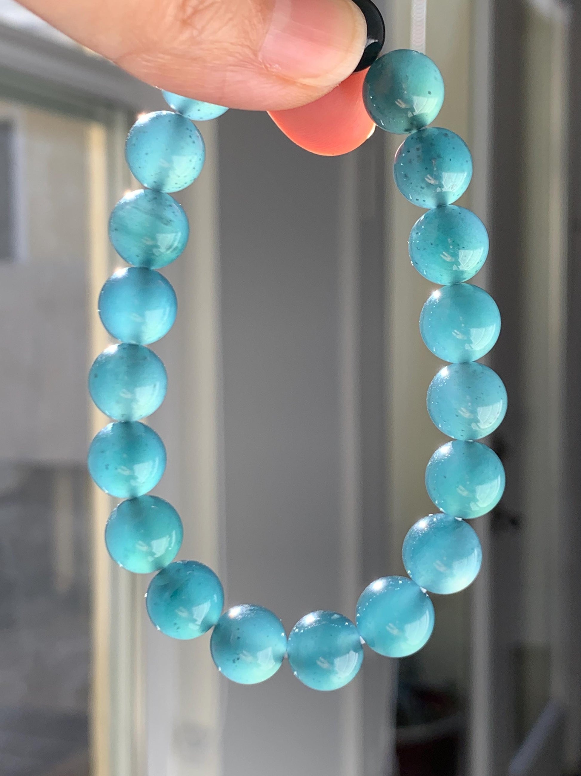 Certified Natural Grade A Guatemalan Icy Highly Translucent Gelatinous Dark Teal Jade Jadeite Beaded Bracelet 10mm 7.4” 天然冰危深蓝绿翡翠圆珠手串 0765