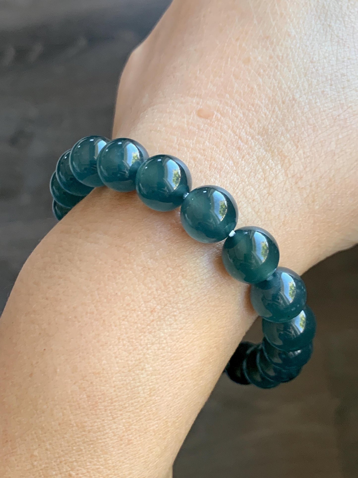 Certified Natural Grade A Guatemalan Icy Highly Translucent Gelatinous Dark Teal Jade Jadeite Beaded Bracelet 10mm 7.4” 天然冰危深蓝绿翡翠圆珠手串 0765