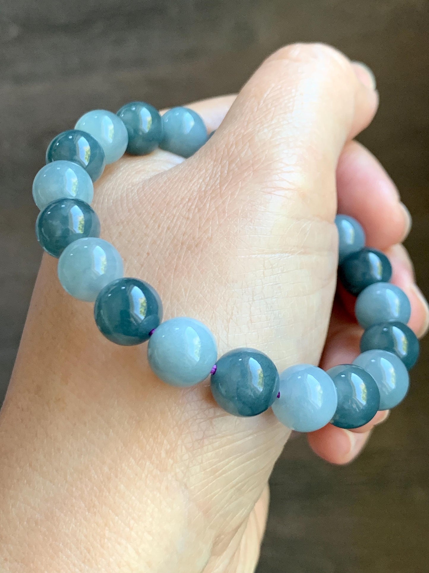 Natural Grade A Guatemalan Translucent Dusty Teal Blue Multicolored Jade Jadeite Beaded Bracelet 9.6mm 7.25” 31g 天然冰危蓝水多宝翡翠手串 WLDB88