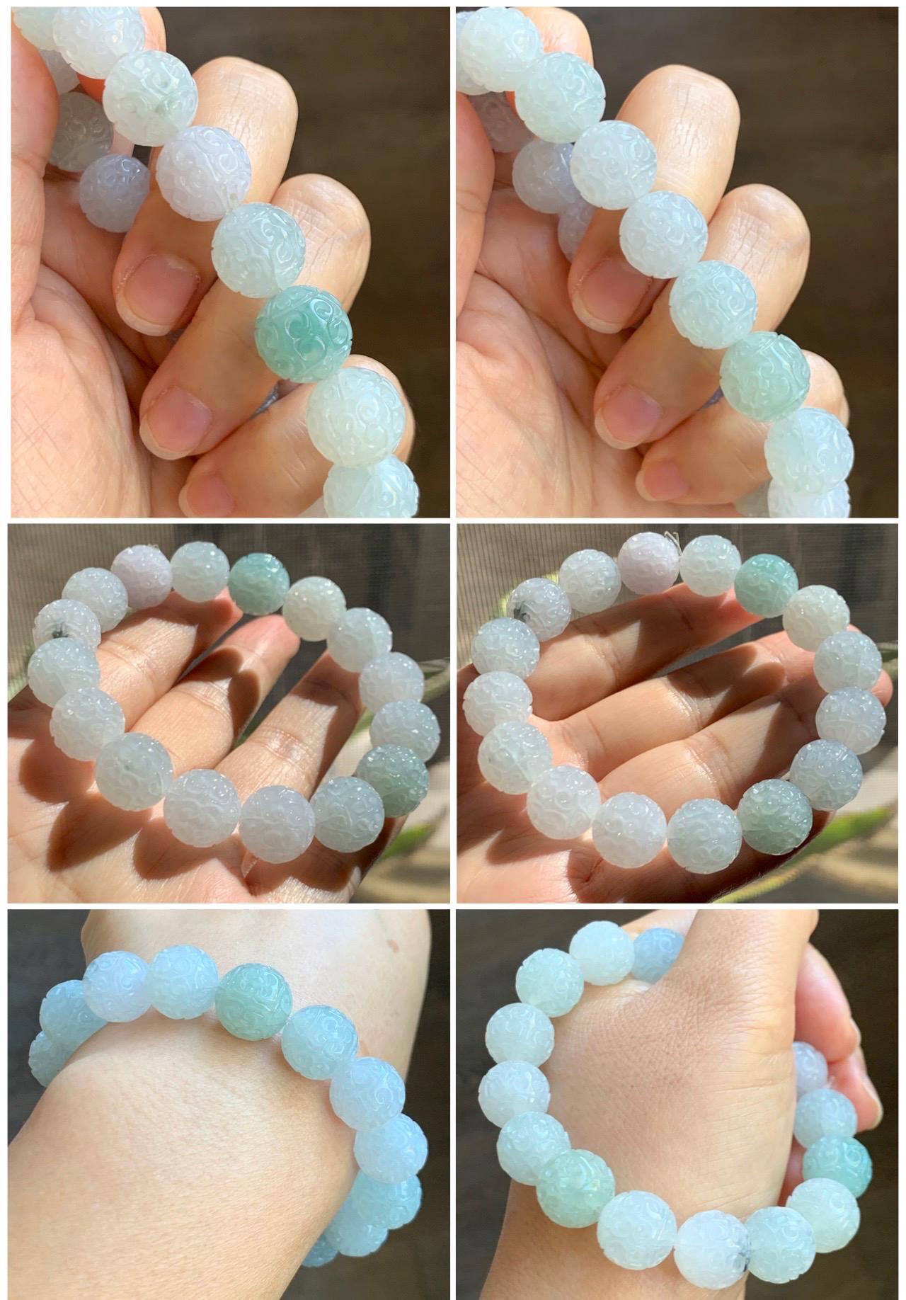 Certified Natural Grade A Icy Translucent Multicolored Pastel Jade Jadeite Engraved Beads Beaded Bracelet 12.5mm 7.25” 天然冰胶多宝翡翠仿古雕珠手串 0768