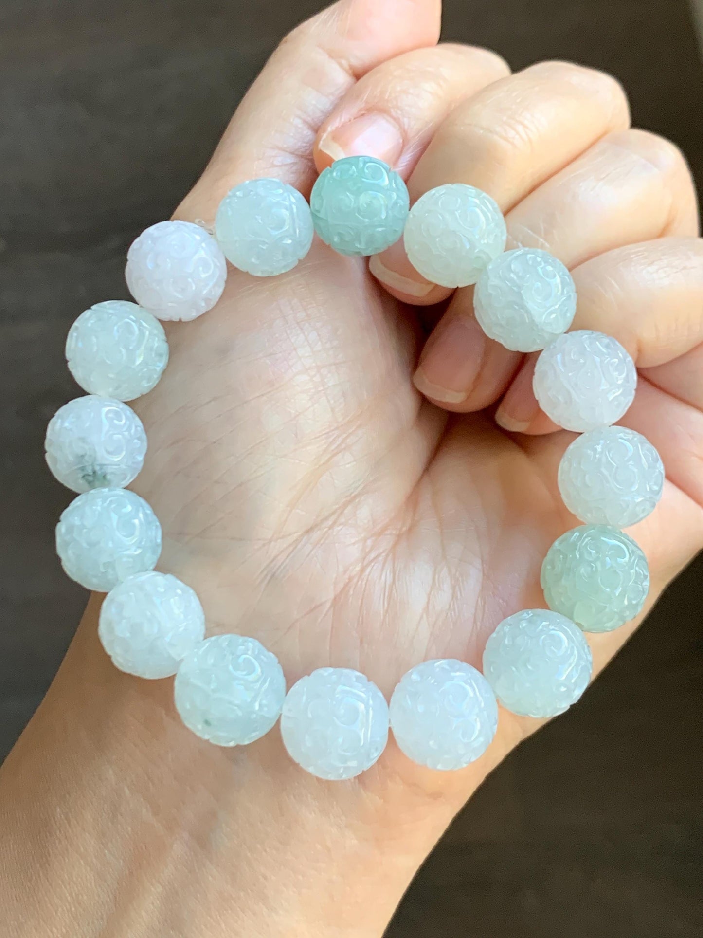 Certified Natural Grade A Icy Translucent Multicolored Pastel Jade Jadeite Engraved Beads Beaded Bracelet 12.5mm 7.25” 天然冰胶多宝翡翠仿古雕珠手串 0768