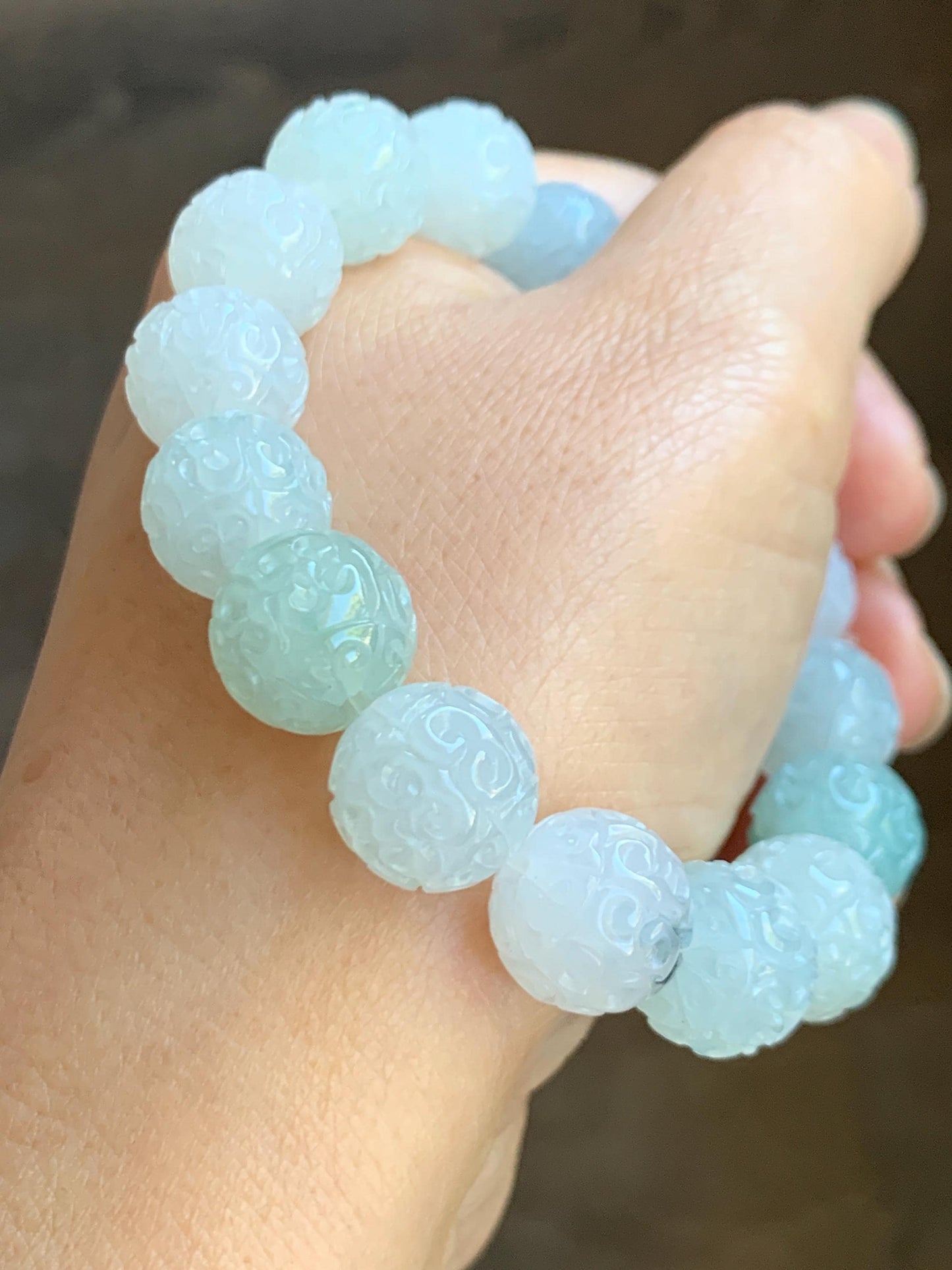 Certified Natural Grade A Icy Translucent Multicolored Pastel Jade Jadeite Engraved Beads Beaded Bracelet 12.5mm 7.25” 天然冰胶多宝翡翠仿古雕珠手串 0768