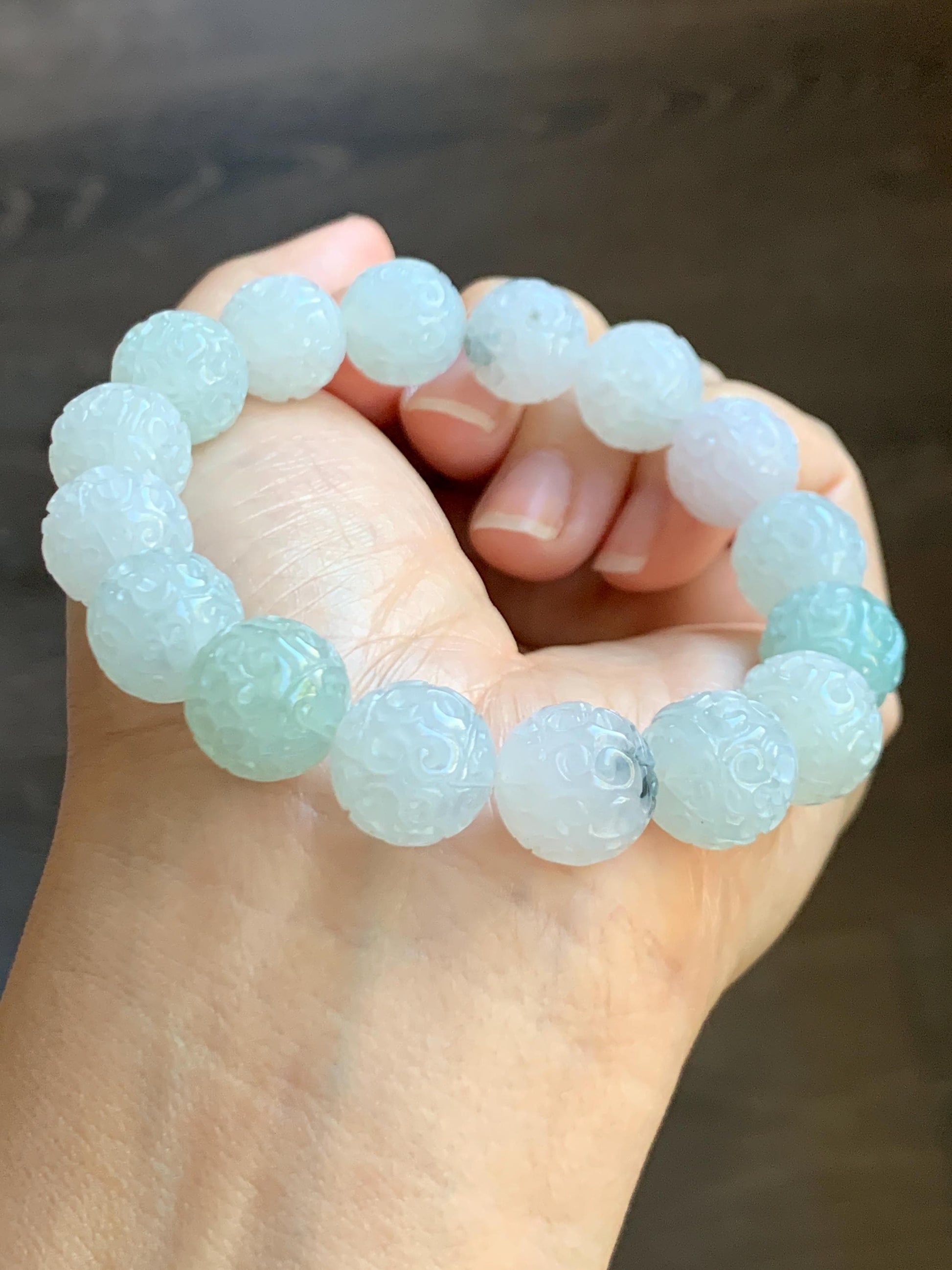 Certified Natural Grade A Icy Translucent Multicolored Pastel Jade Jadeite Engraved Beads Beaded Bracelet 12.5mm 7.25” 天然冰胶多宝翡翠仿古雕珠手串 0768