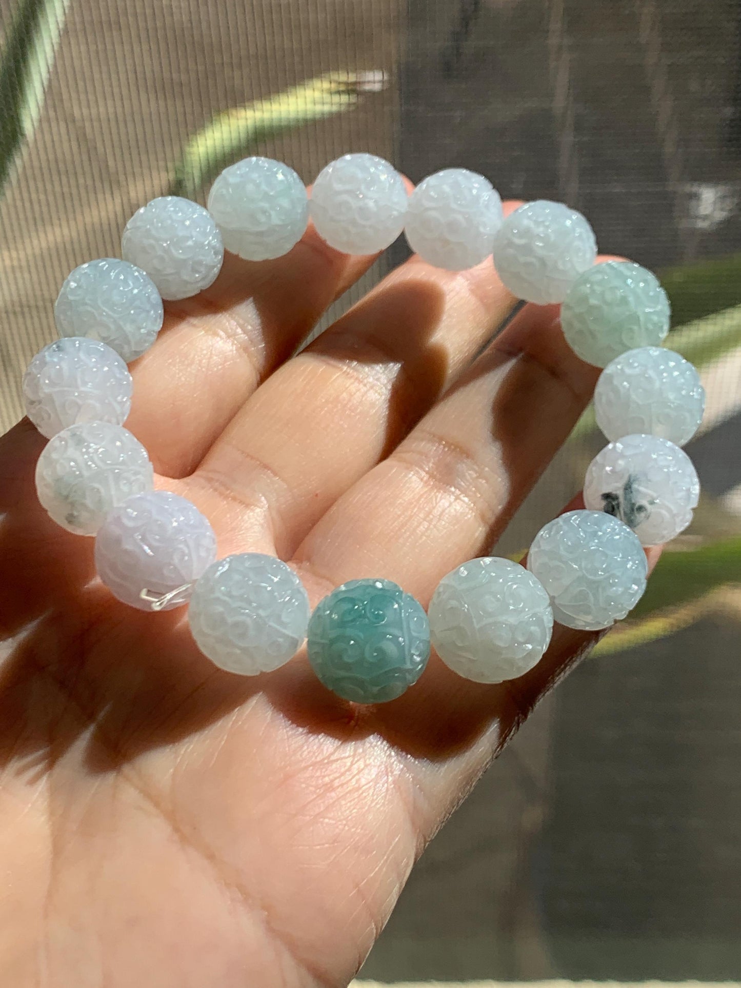 Certified Natural Grade A Icy Translucent Multicolored Pastel Jade Jadeite Engraved Beads Beaded Bracelet 12.5mm 7.25” 天然冰胶多宝翡翠仿古雕珠手串 0768