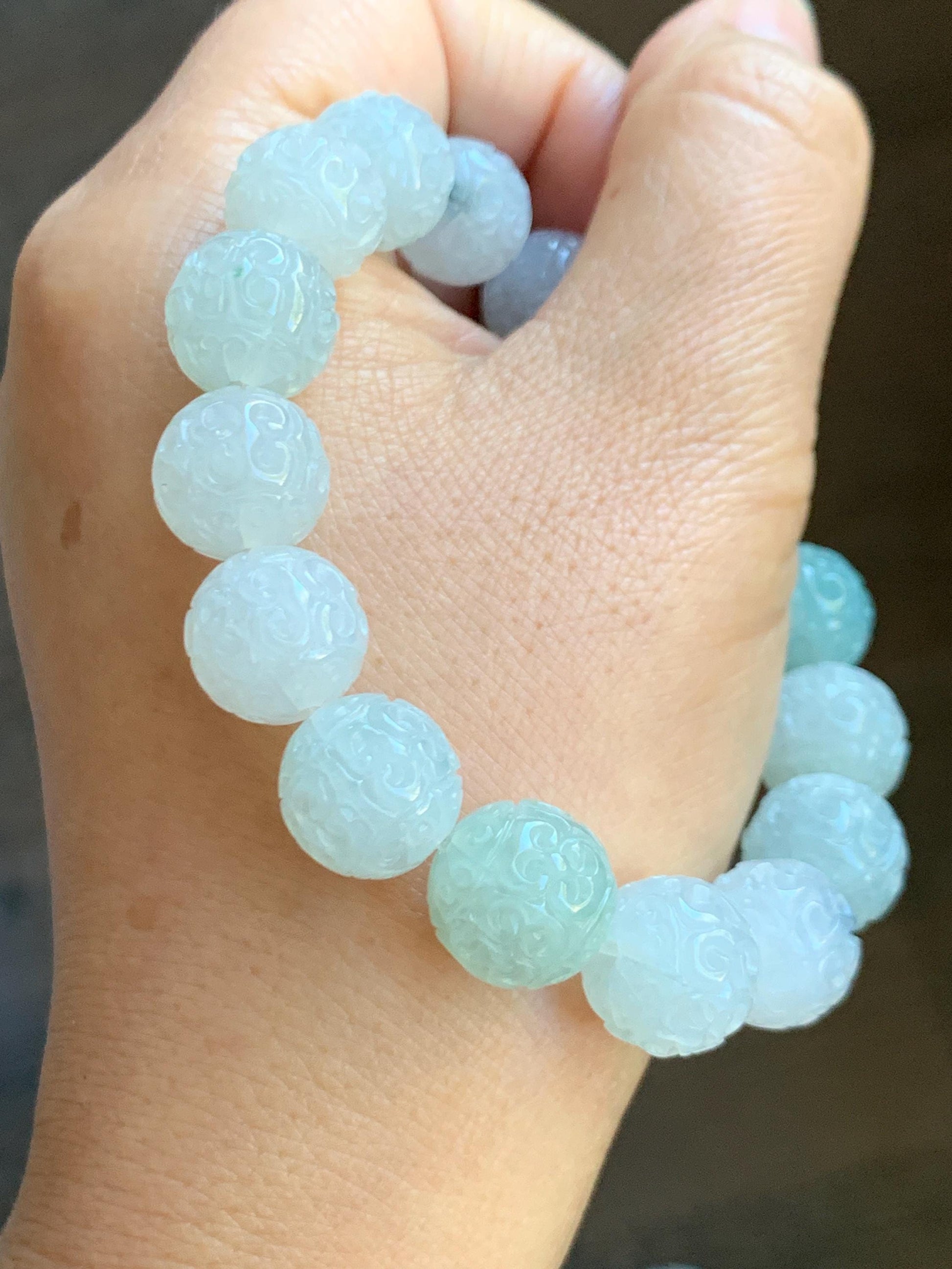 Certified Natural Grade A Icy Translucent Multicolored Pastel Jade Jadeite Engraved Beads Beaded Bracelet 12.5mm 7.25” 天然冰胶多宝翡翠仿古雕珠手串 0768