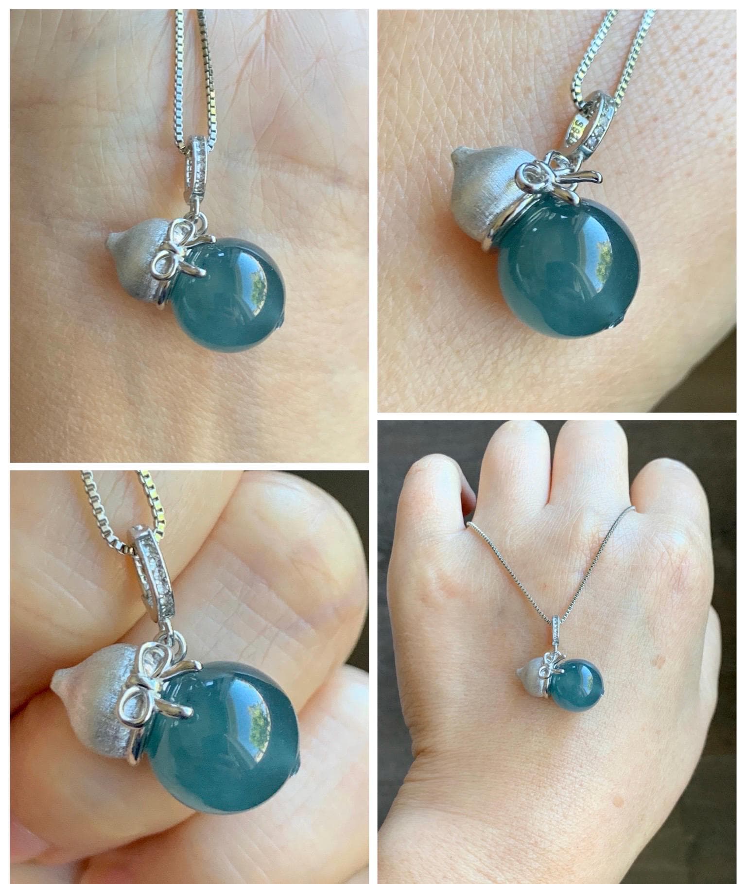 Natural Grade A Guatemalan Icy Highly Translucent Dark Teal Blue Jade Jadeite Bead Gourd Hulu Pendant Sterling Silver 天然冰危蓝翡翠单珠葫芦镶嵌吊坠 DZH132