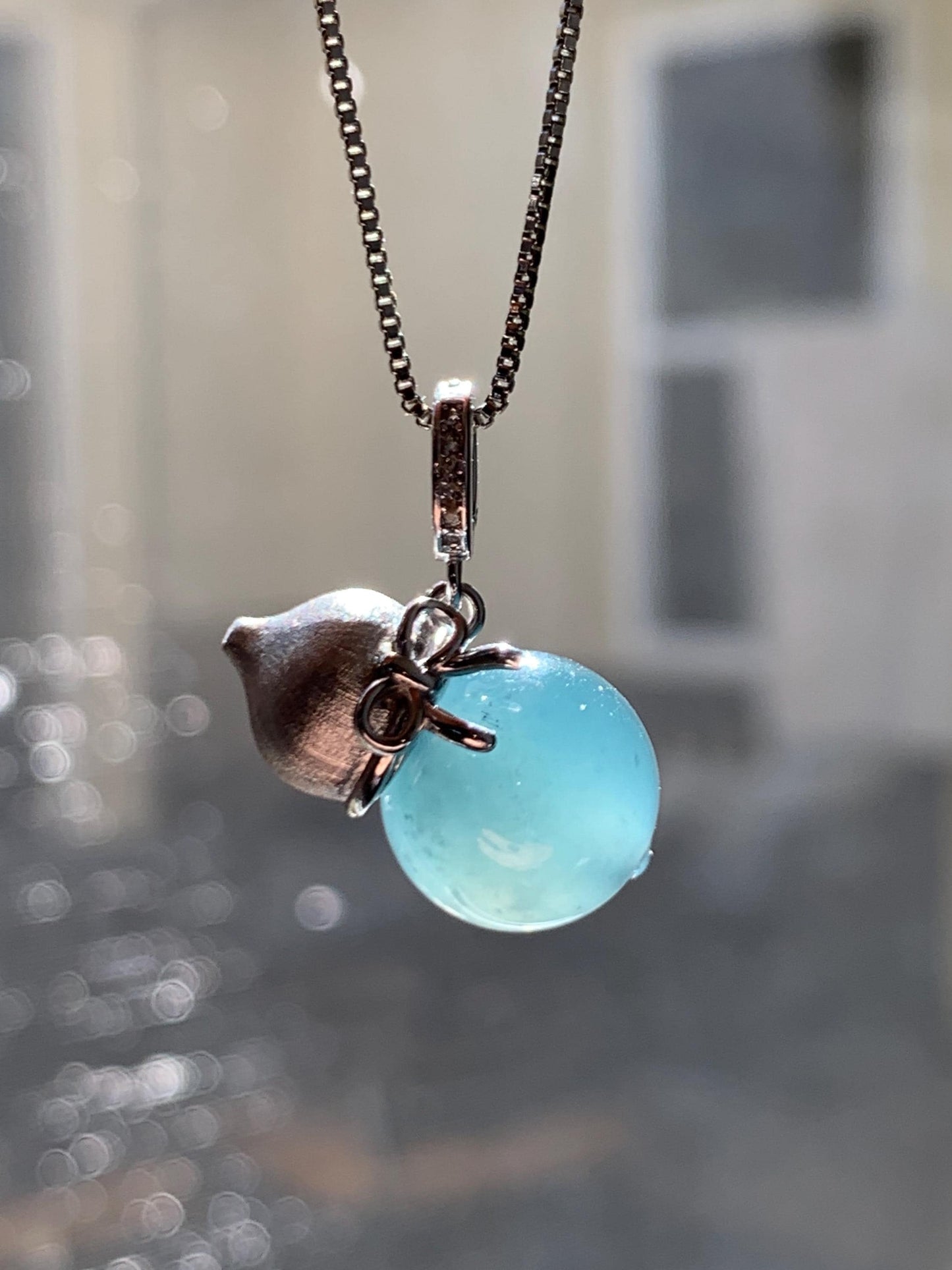 Natural Grade A Guatemalan Icy Highly Translucent Dark Teal Blue Jade Jadeite Bead Gourd Hulu Pendant Sterling Silver 天然冰危蓝翡翠单珠葫芦镶嵌吊坠 DZH132