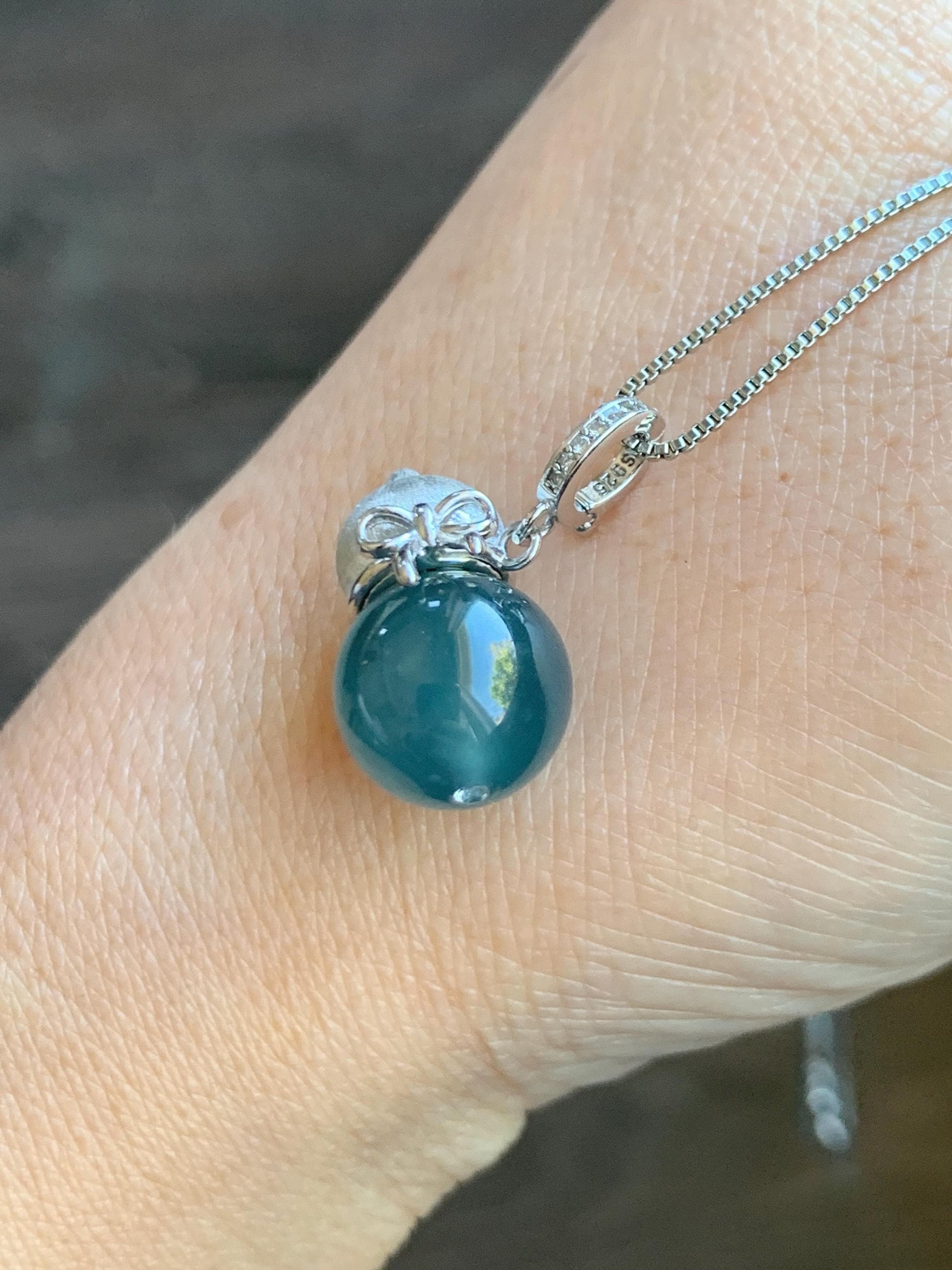 Natural Grade A Guatemalan Icy Highly Translucent Dark Teal Blue Jade Jadeite Bead Gourd Hulu Pendant Sterling Silver 天然冰危蓝翡翠单珠葫芦镶嵌吊坠 DZH132