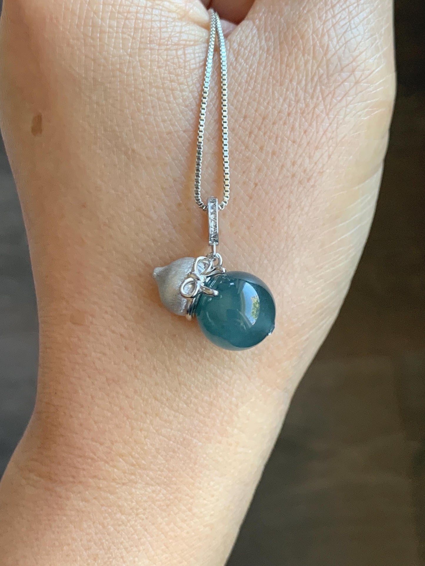 Natural Grade A Guatemalan Icy Highly Translucent Dark Teal Blue Jade Jadeite Bead Gourd Hulu Pendant Sterling Silver 天然冰危蓝翡翠单珠葫芦镶嵌吊坠 DZH132