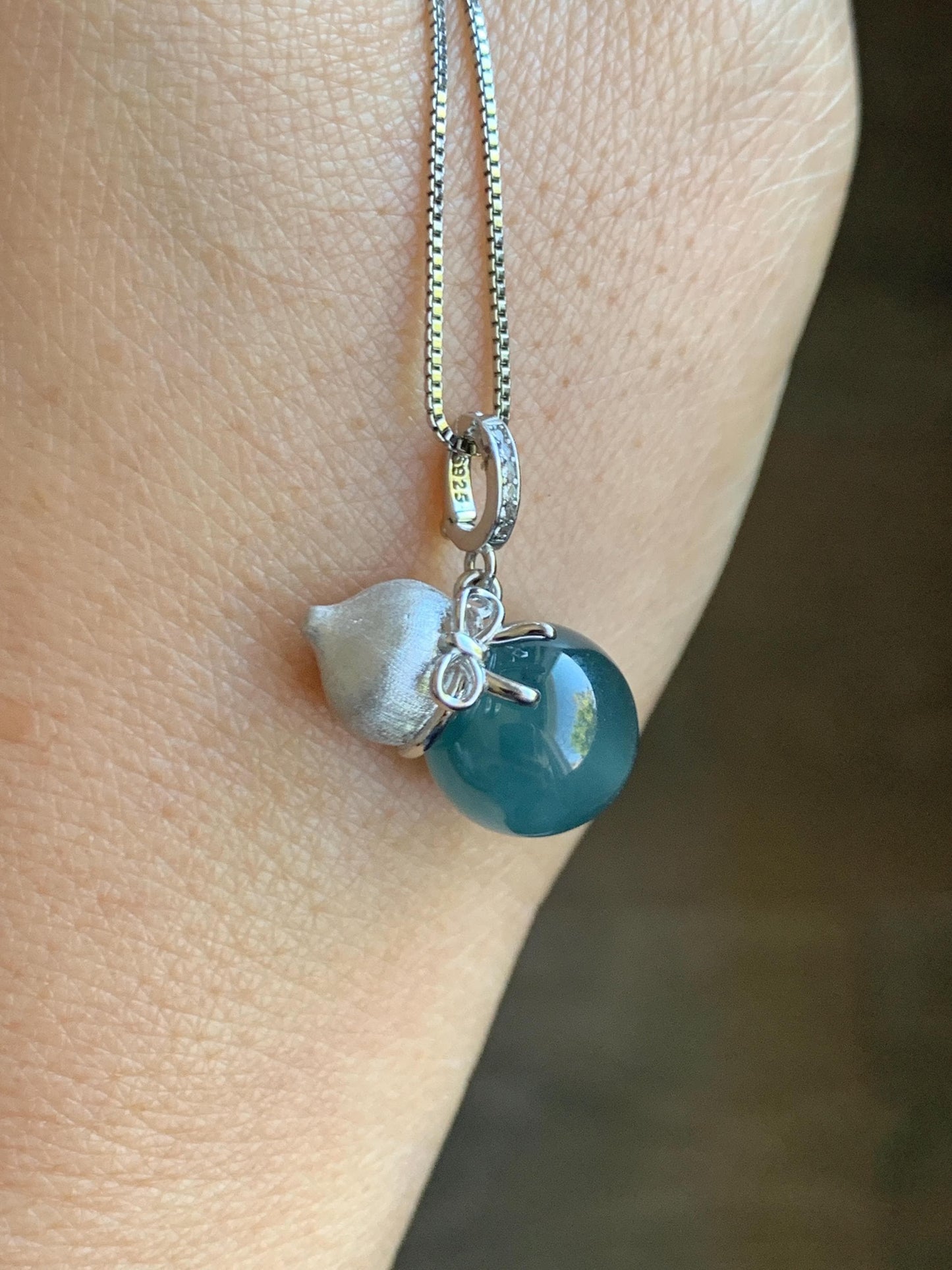 Natural Grade A Guatemalan Icy Highly Translucent Dark Teal Blue Jade Jadeite Bead Gourd Hulu Pendant Sterling Silver 天然冰危蓝翡翠单珠葫芦镶嵌吊坠 DZH132