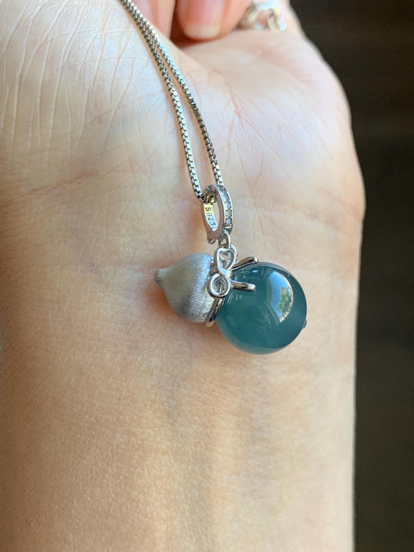 Natural Grade A Guatemalan Icy Highly Translucent Dark Teal Blue Jade Jadeite Bead Gourd Hulu Pendant Sterling Silver 天然冰危蓝翡翠单珠葫芦镶嵌吊坠 DZH132