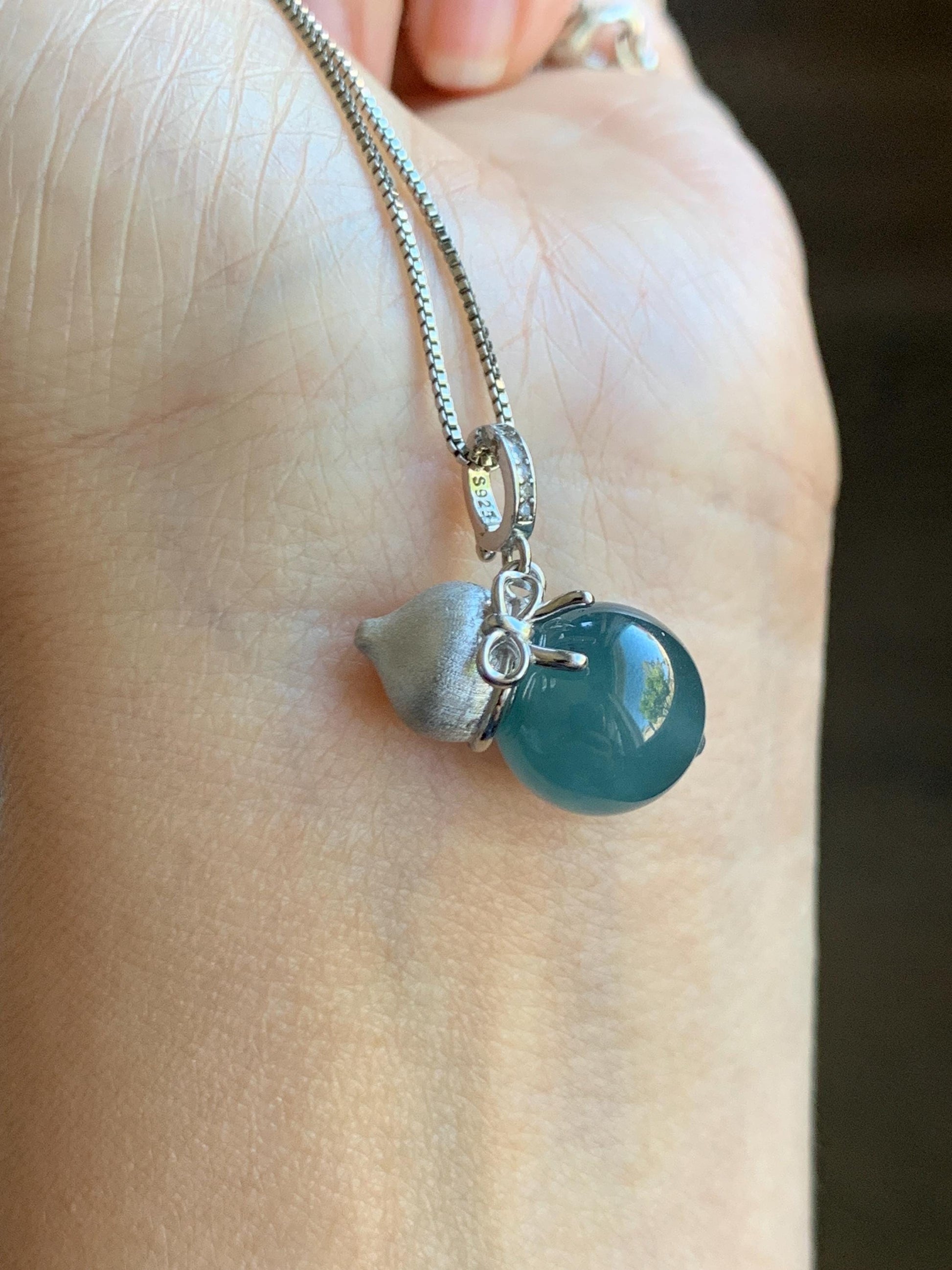 Natural Grade A Guatemalan Icy Highly Translucent Dark Teal Blue Jade Jadeite Bead Gourd Hulu Pendant Sterling Silver 天然冰危蓝翡翠单珠葫芦镶嵌吊坠 DZH132