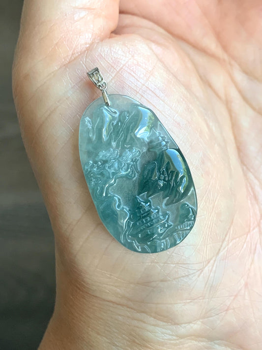 PETITE Natural Grade A Guatemalan Dark Teal Jade Jadeite Carved Shan Shui Pai Landscape Tag Pendant Sterling Silver 5g 天然冰危深蓝翡翠小山水牌吊坠 XWSS-B