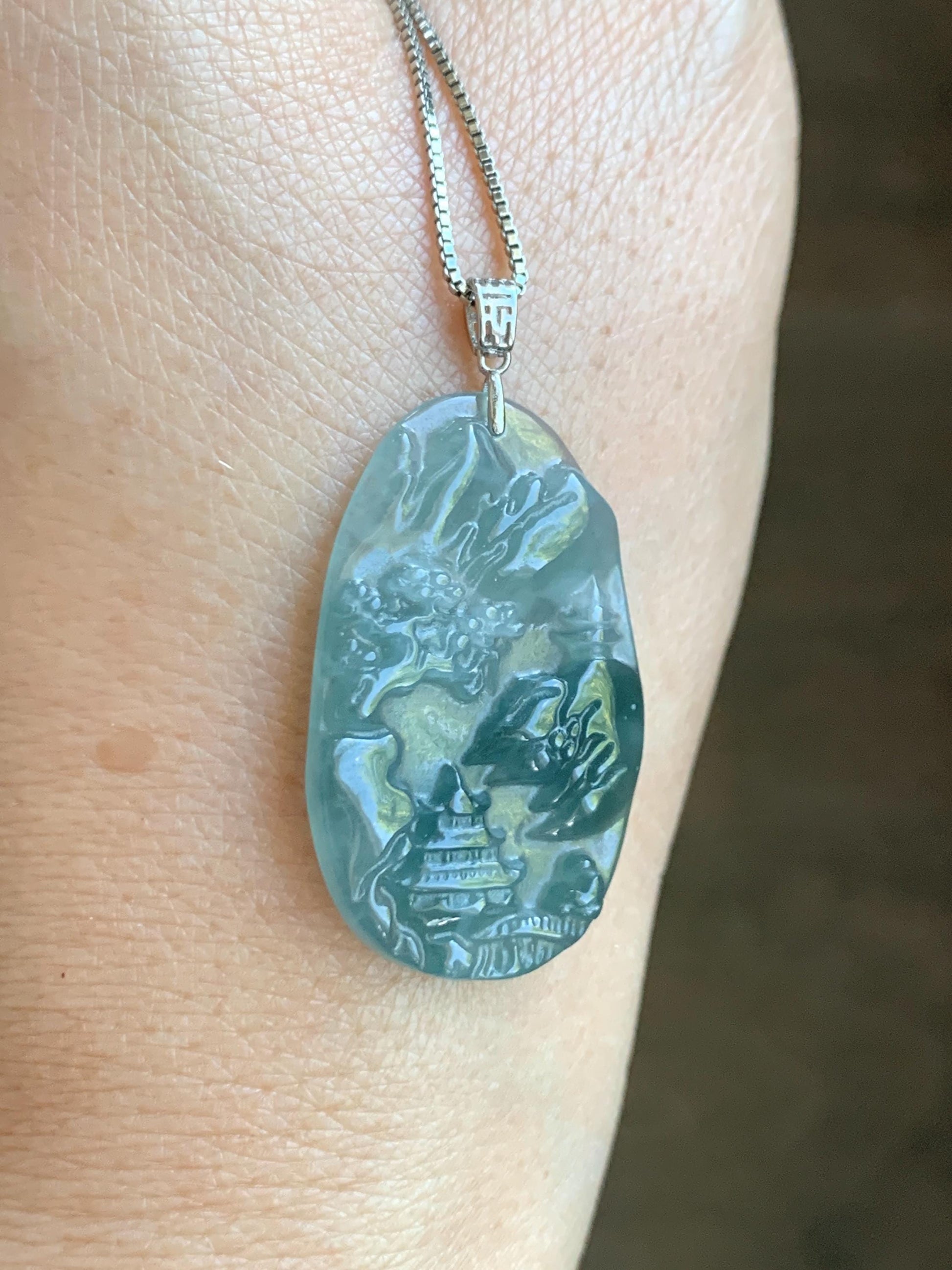 PETITE Natural Grade A Guatemalan Dark Teal Jade Jadeite Carved Shan Shui Pai Landscape Tag Pendant Sterling Silver 5g 天然冰危深蓝翡翠小山水牌吊坠 XWSS-B