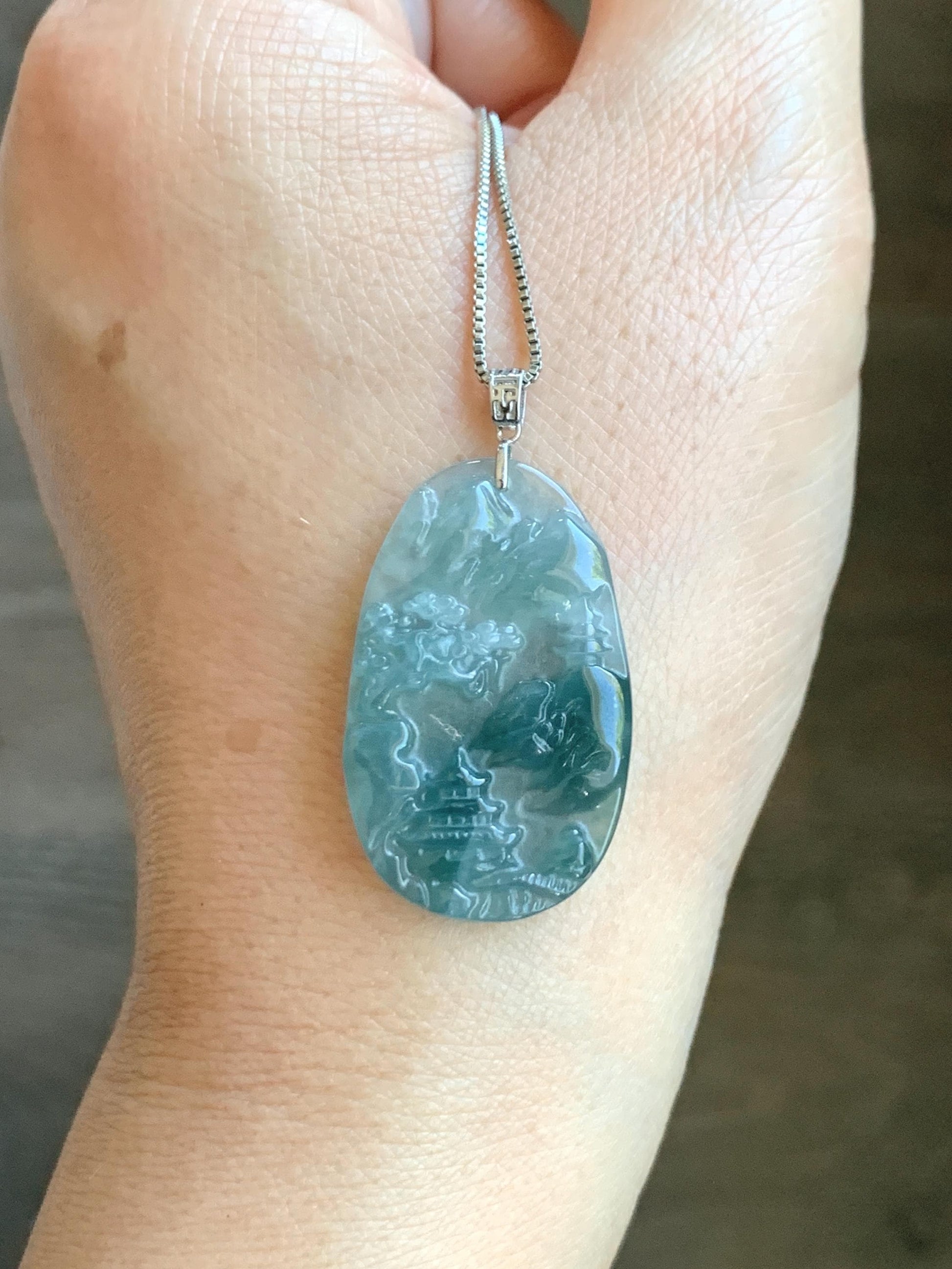PETITE Natural Grade A Guatemalan Dark Teal Jade Jadeite Carved Shan Shui Pai Landscape Tag Pendant Sterling Silver 5g 天然冰危深蓝翡翠小山水牌吊坠 XWSS-B