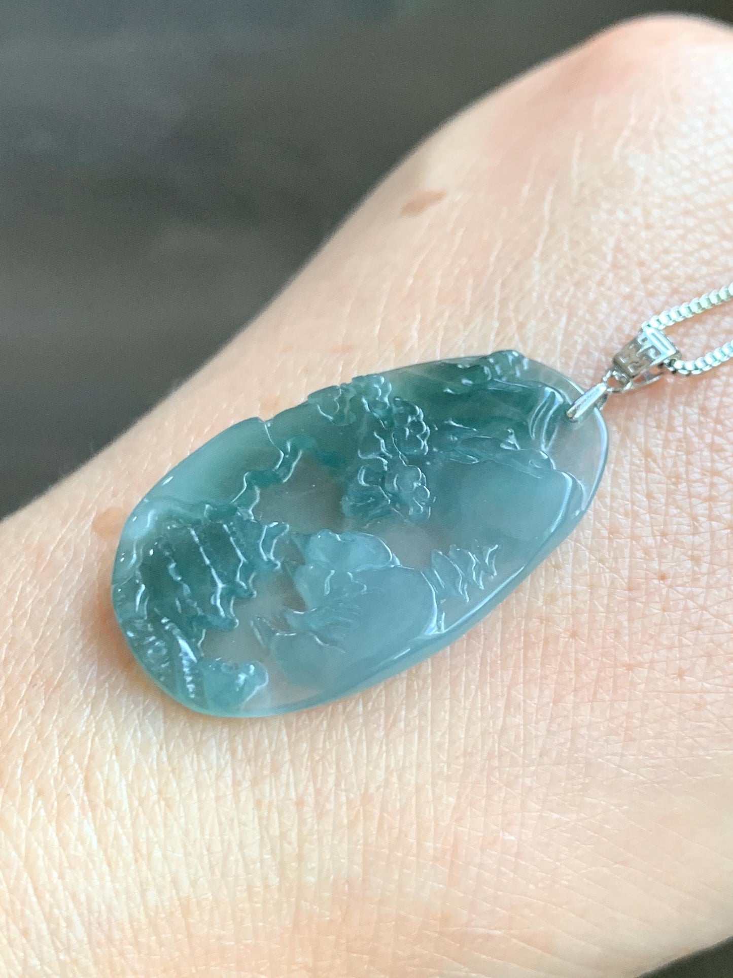 PETITE Natural Grade A Guatemalan Dark Teal Jade Jadeite Carved Shan Shui Pai Landscape Tag Pendant Sterling Silver 4g 天然冰危深蓝翡翠小山水牌吊坠 XWSS-A