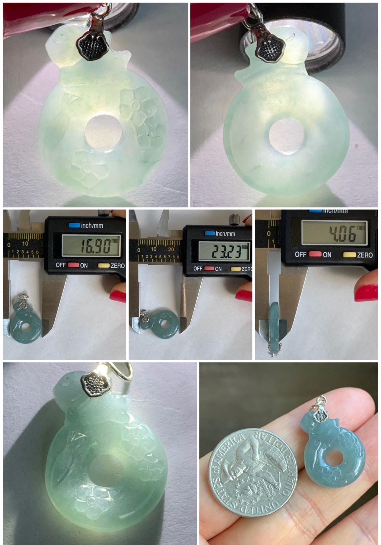Natural Gade A Guatemalan Icy Translucent Dusty Blue Jade Jadeite Rabbit Ping An Kou Donut Pendant Sterling Silver 天然冰危浅蓝翡翠小兔梅花平安扣吊坠 XPT78