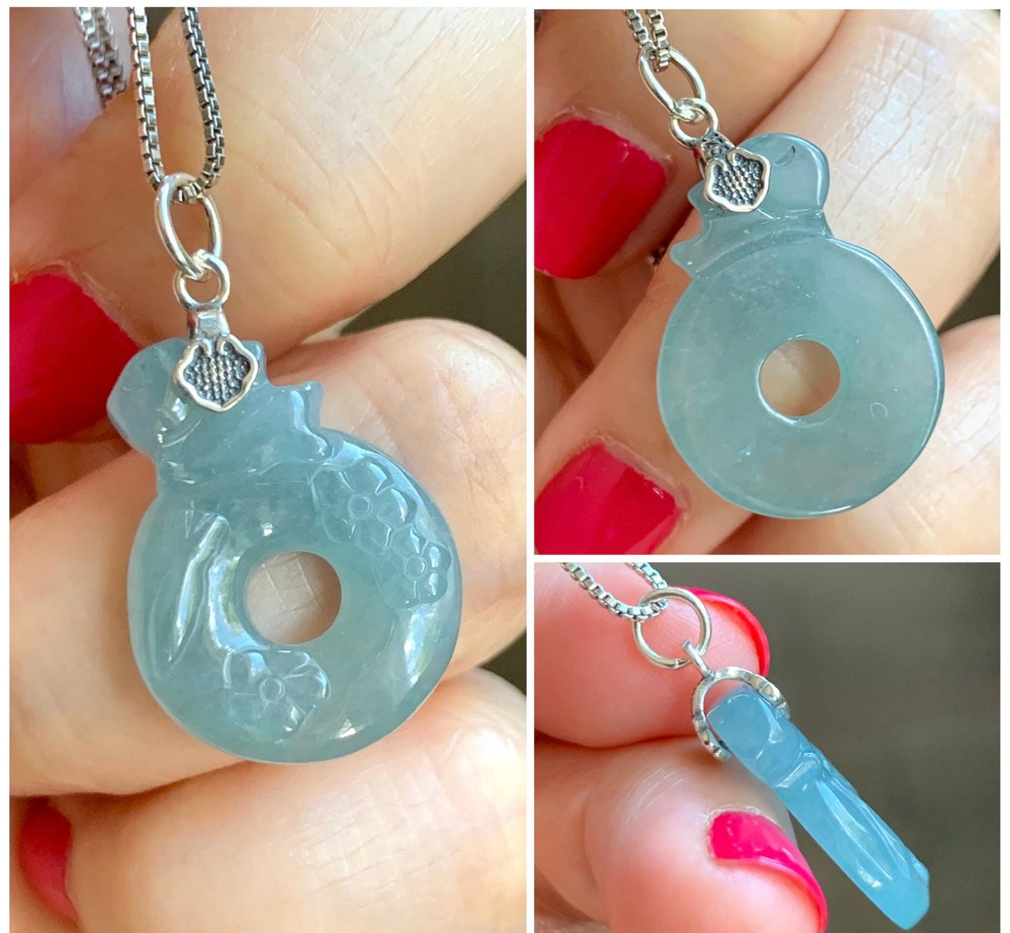 Natural Gade A Guatemalan Icy Translucent Dusty Blue Jade Jadeite Rabbit Ping An Kou Donut Pendant Sterling Silver 天然冰危浅蓝翡翠小兔梅花平安扣吊坠 XPT78