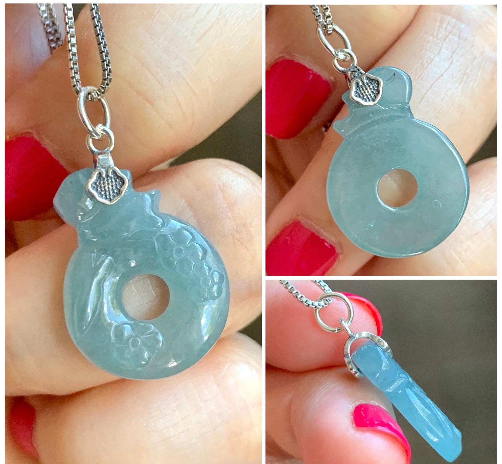 Natural Gade A Guatemalan Icy Translucent Dusty Blue Jade Jadeite Rabbit Ping An Kou Donut Pendant Sterling Silver 天然冰危浅蓝翡翠小兔梅花平安扣吊坠 XPT78