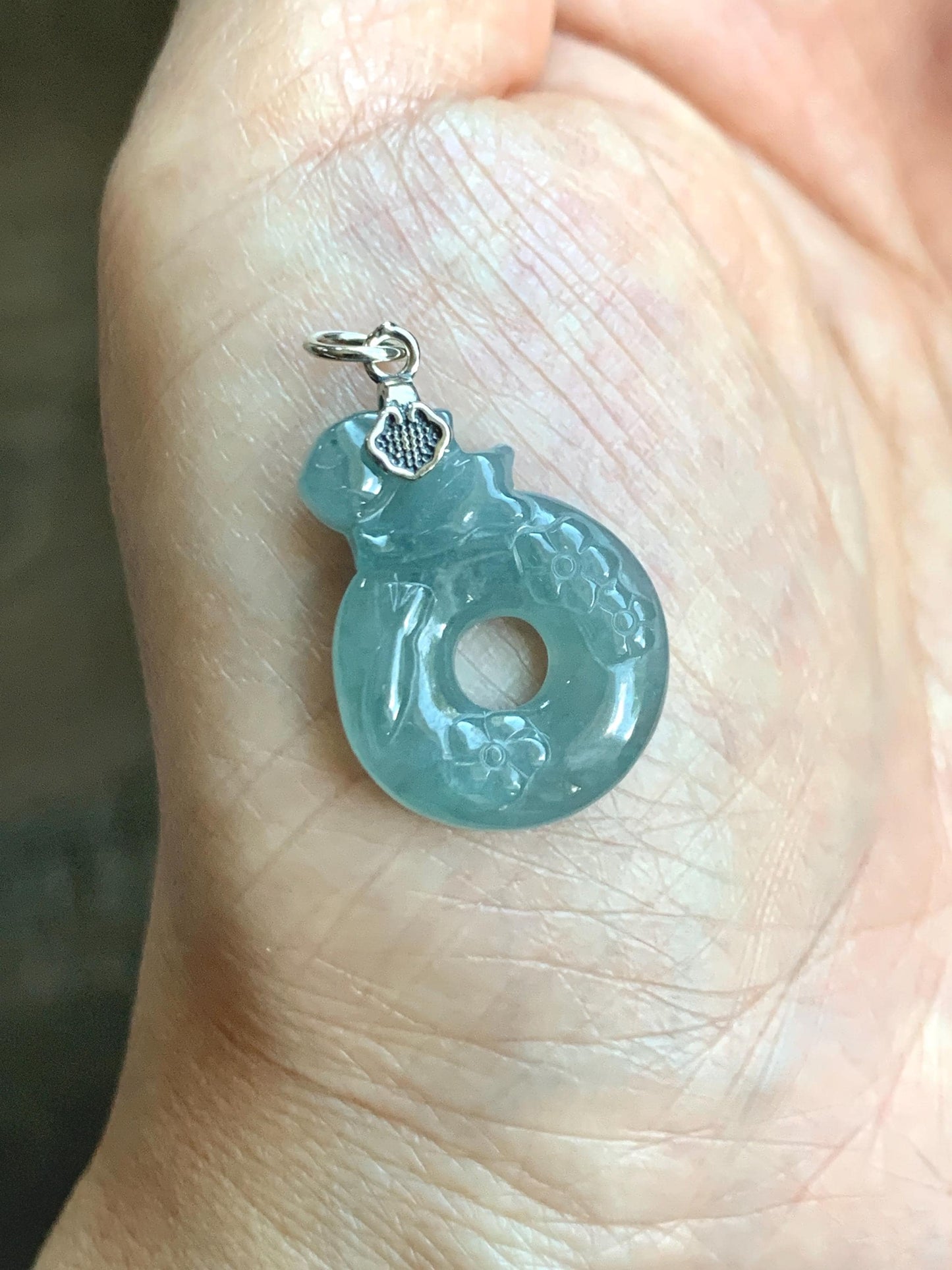 Natural Gade A Guatemalan Icy Translucent Dusty Blue Jade Jadeite Rabbit Ping An Kou Donut Pendant Sterling Silver 天然冰危浅蓝翡翠小兔梅花平安扣吊坠 XPT78