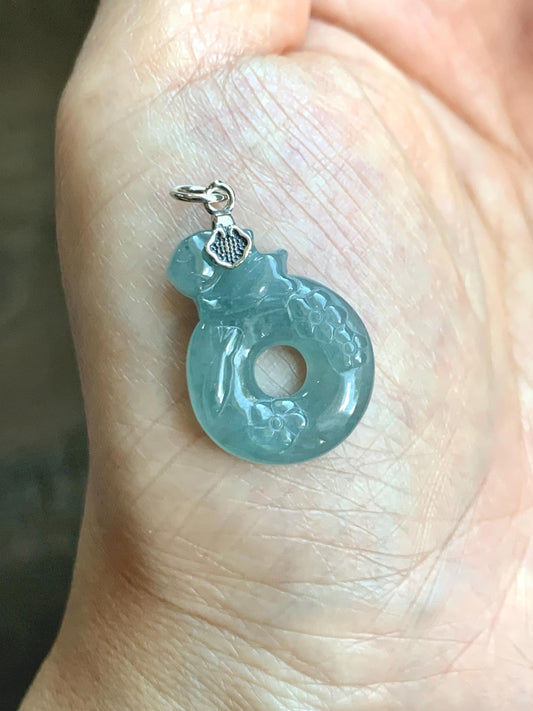 Natural Gade A Guatemalan Icy Translucent Dusty Blue Jade Jadeite Rabbit Ping An Kou Donut Pendant Sterling Silver 天然冰危浅蓝翡翠小兔梅花平安扣吊坠 XPT78