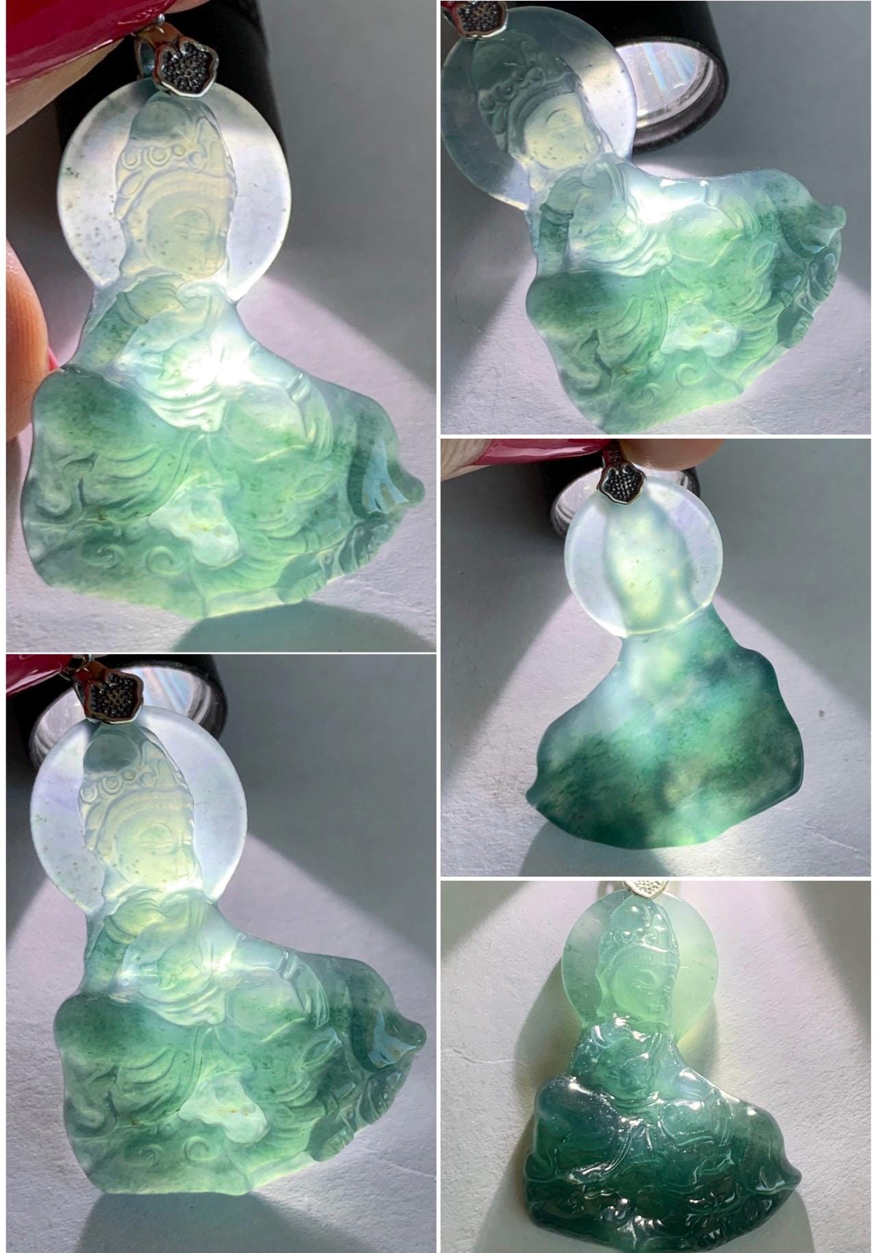 Natural Guatemalan Icy Translucent Jade Jadeite Puxian Samantabhadra Bodhisattva & Elephant Pendant Sterling Silver 天然冰胶危蓝翡翠普贤菩萨吊坠 MPX248