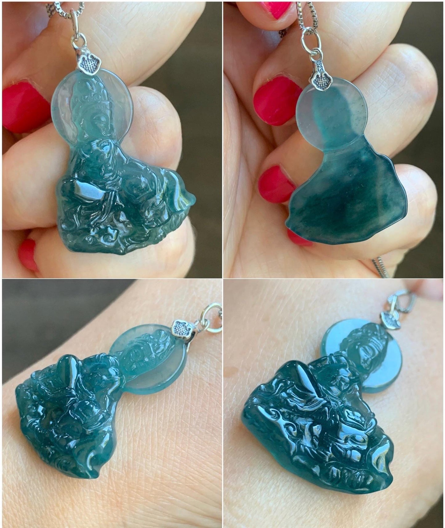 Natural Guatemalan Icy Translucent Jade Jadeite Puxian Samantabhadra Bodhisattva & Elephant Pendant Sterling Silver 天然冰胶危蓝翡翠普贤菩萨吊坠 MPX248
