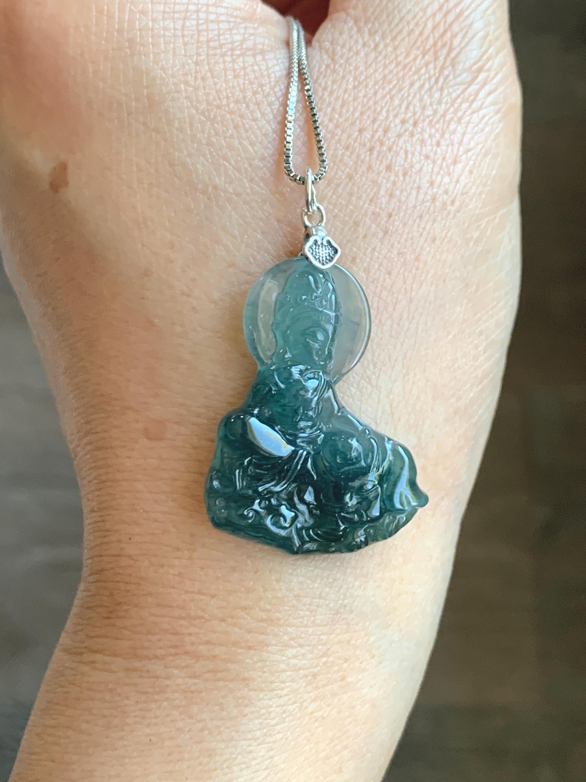 Natural Guatemalan Icy Translucent Jade Jadeite Puxian Samantabhadra Bodhisattva & Elephant Pendant Sterling Silver 天然冰胶危蓝翡翠普贤菩萨吊坠 MPX248