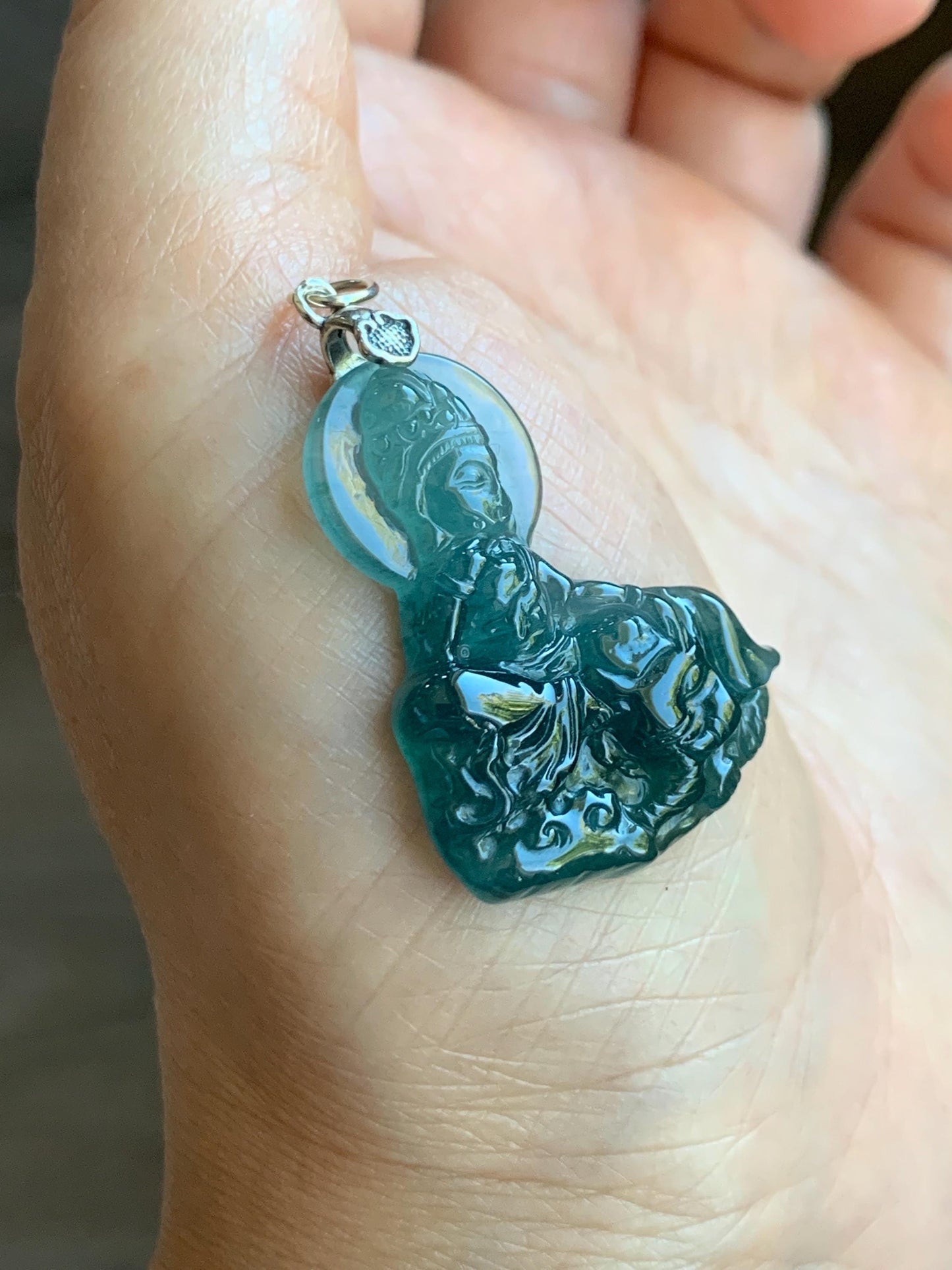Natural Guatemalan Icy Translucent Jade Jadeite Puxian Samantabhadra Bodhisattva & Elephant Pendant Sterling Silver 天然冰胶危蓝翡翠普贤菩萨吊坠 MPX248