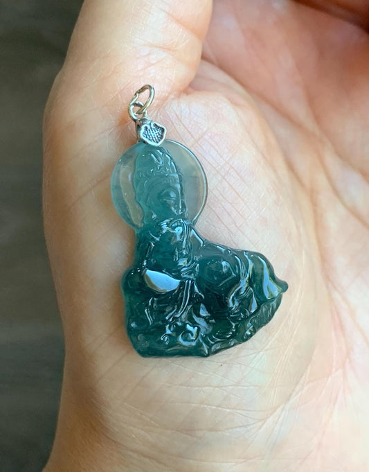 Natural Guatemalan Icy Translucent Jade Jadeite Puxian Samantabhadra Bodhisattva & Elephant Pendant Sterling Silver 天然冰胶危蓝翡翠普贤菩萨吊坠 MPX248