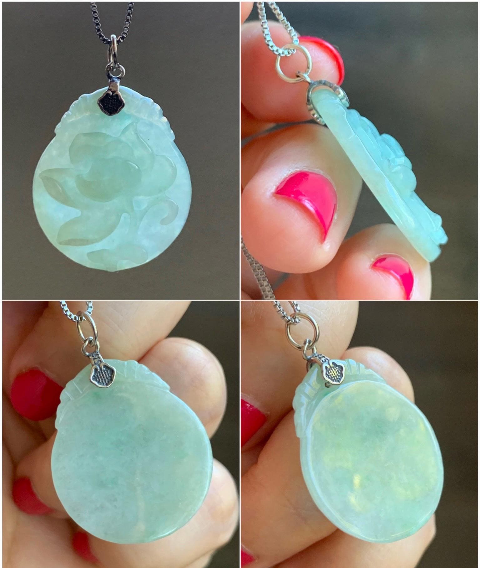Natural Grade A Icy Translucent Pastel Green Jade Jadeite Carved Peony Flower Pendant Sterling Silver 7g 天然细糯浅果绿翡翠牡丹花吊坠 MPY70A