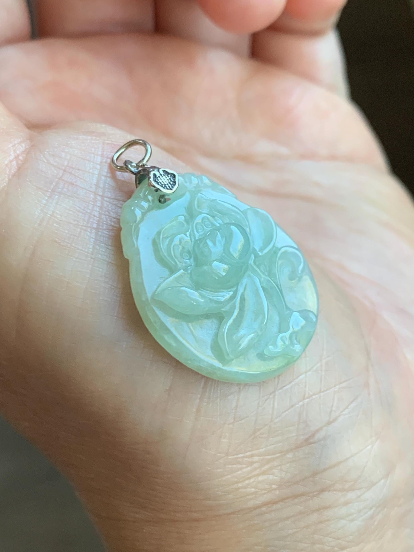 Natural Grade A Icy Translucent Pastel Green Jade Jadeite Carved Peony Flower Pendant Sterling Silver 7g 天然细糯浅果绿翡翠牡丹花吊坠 MPY70A