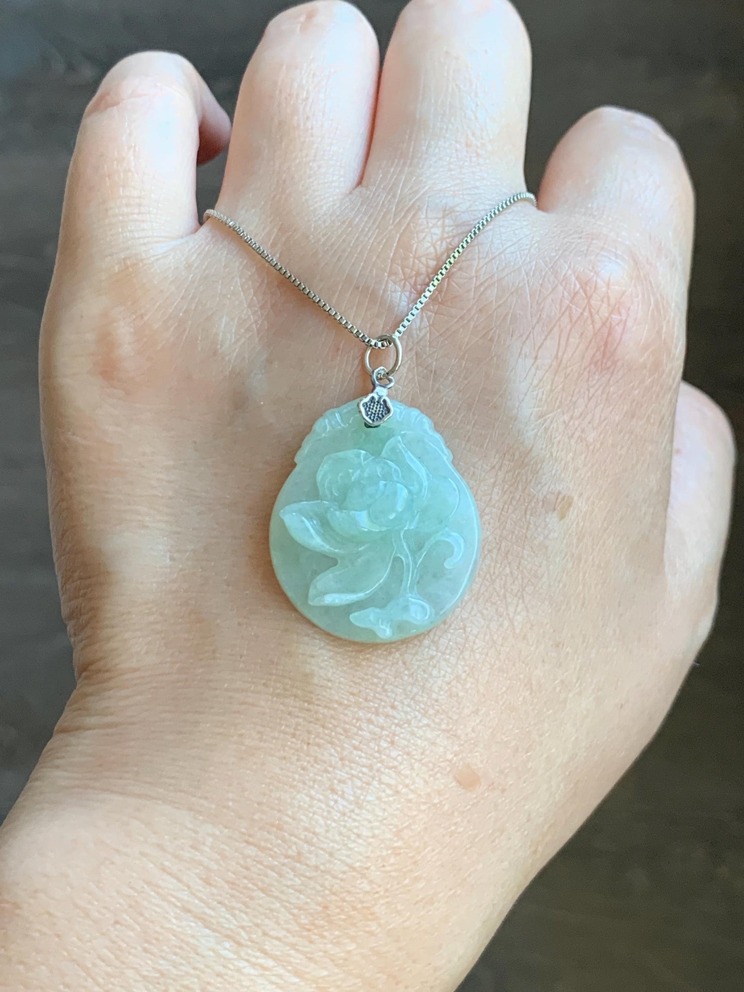 Natural Grade A Icy Translucent Pastel Green Jade Jadeite Carved Peony Flower Pendant Sterling Silver 7g 天然细糯浅果绿翡翠牡丹花吊坠 MPY70A