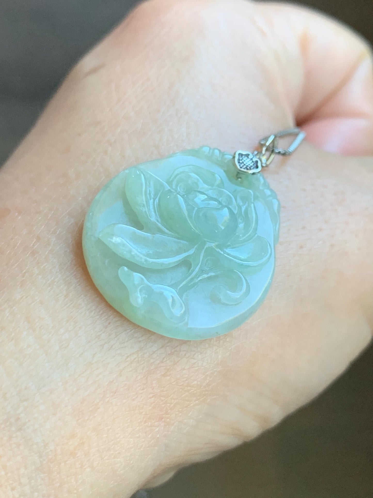 Natural Grade A Icy Translucent Pastel Green Jade Jadeite Carved Peony Flower Pendant Sterling Silver 7g 天然细糯浅果绿翡翠牡丹花吊坠 MPY70A