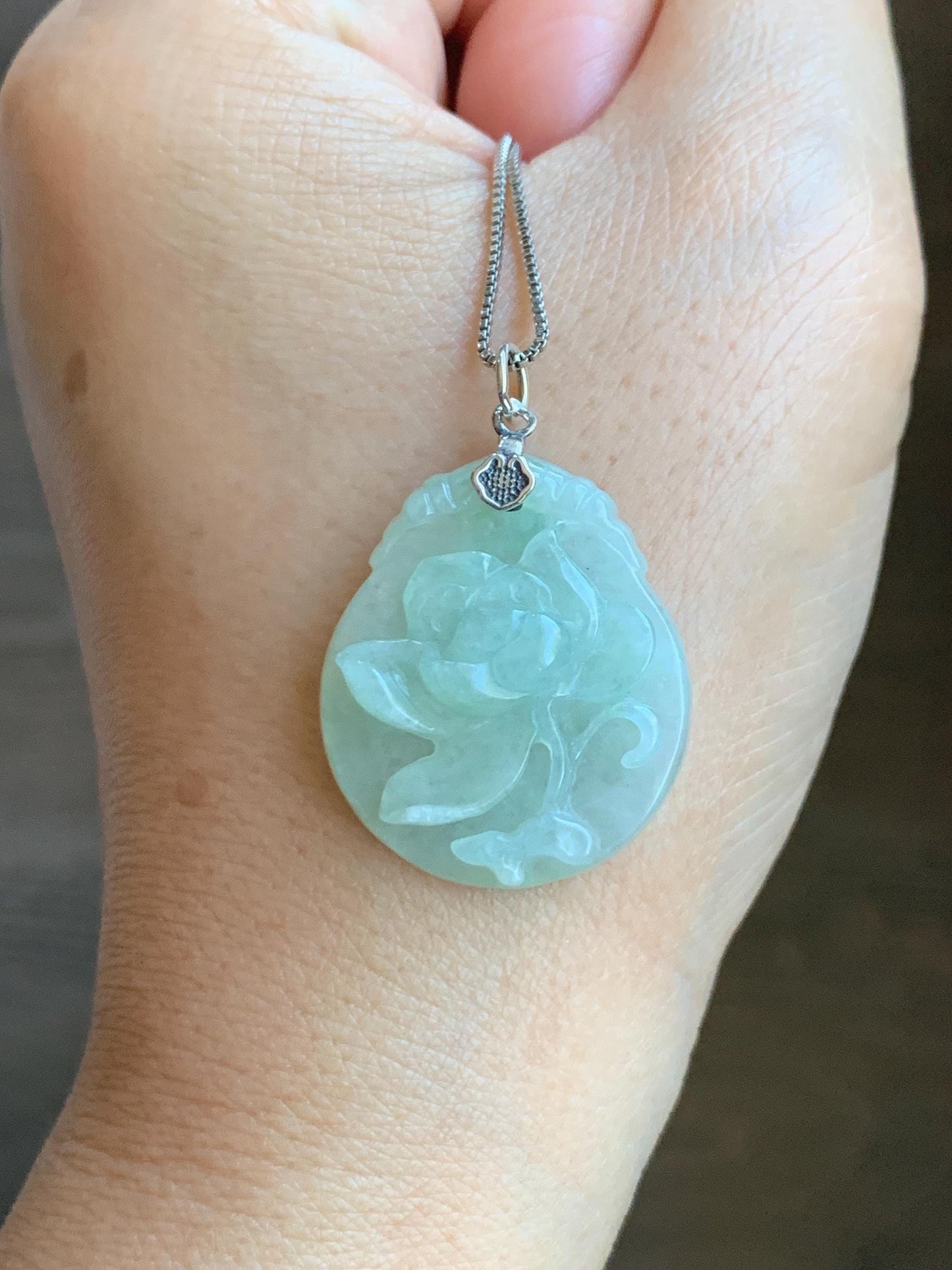 Natural Grade A Icy Translucent Pastel Green Jade Jadeite Carved Peony Flower Pendant Sterling Silver 7g 天然细糯浅果绿翡翠牡丹花吊坠 MPY70A