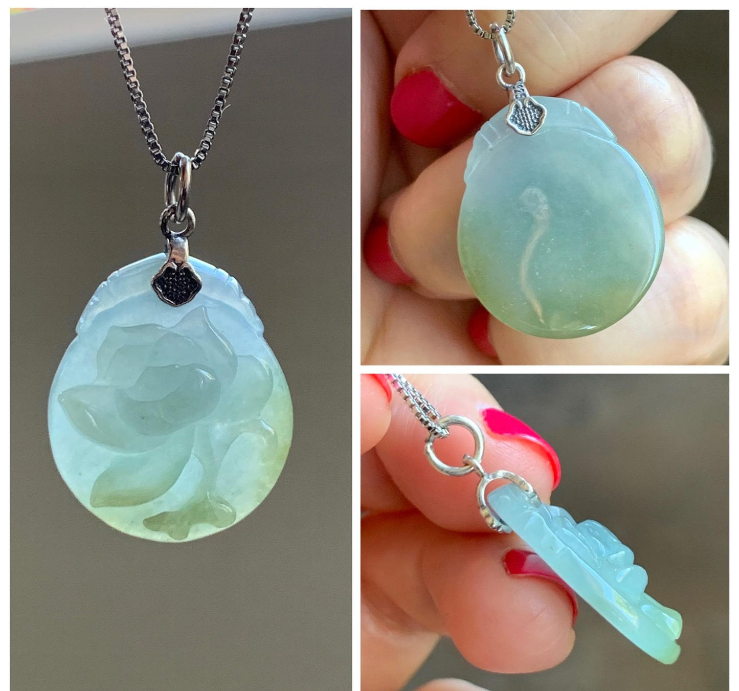 Natural Grade A Icy Translucent Dark Olive Green Jade Jadeite Carved Peony Flower Pendant Sterling Silver 5g 天然细糯橄榄绿翡翠牡丹花吊坠 MPY70B