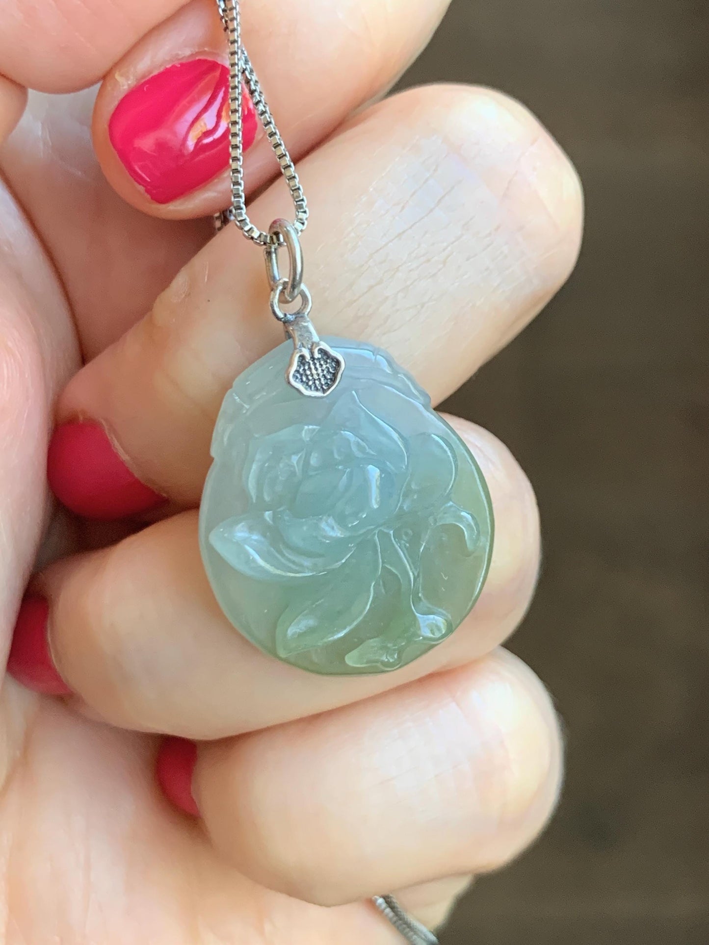 Natural Grade A Icy Translucent Dark Olive Green Jade Jadeite Carved Peony Flower Pendant Sterling Silver 5g 天然细糯橄榄绿翡翠牡丹花吊坠 MPY70B