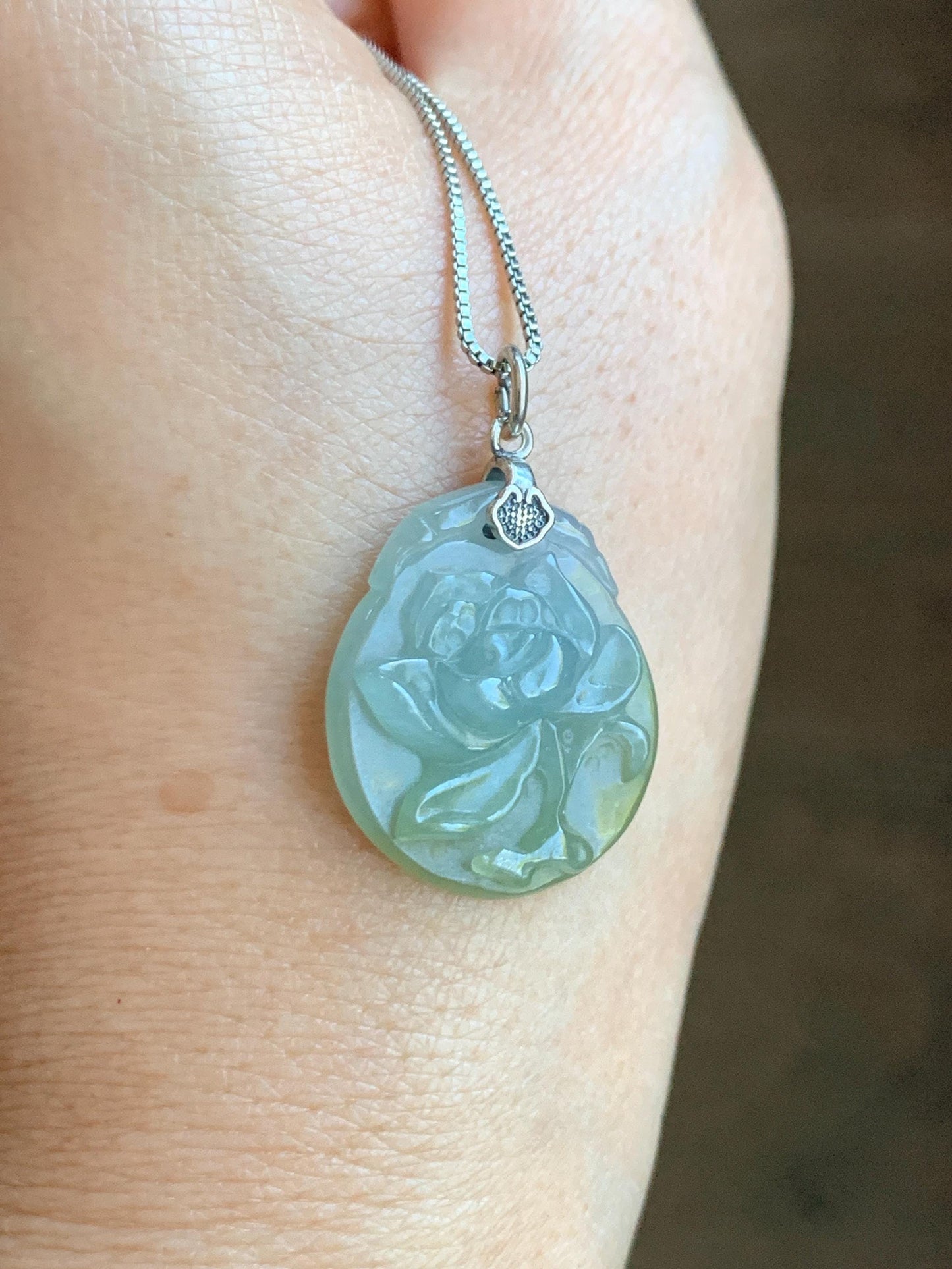 Natural Grade A Icy Translucent Dark Olive Green Jade Jadeite Carved Peony Flower Pendant Sterling Silver 5g 天然细糯橄榄绿翡翠牡丹花吊坠 MPY70B