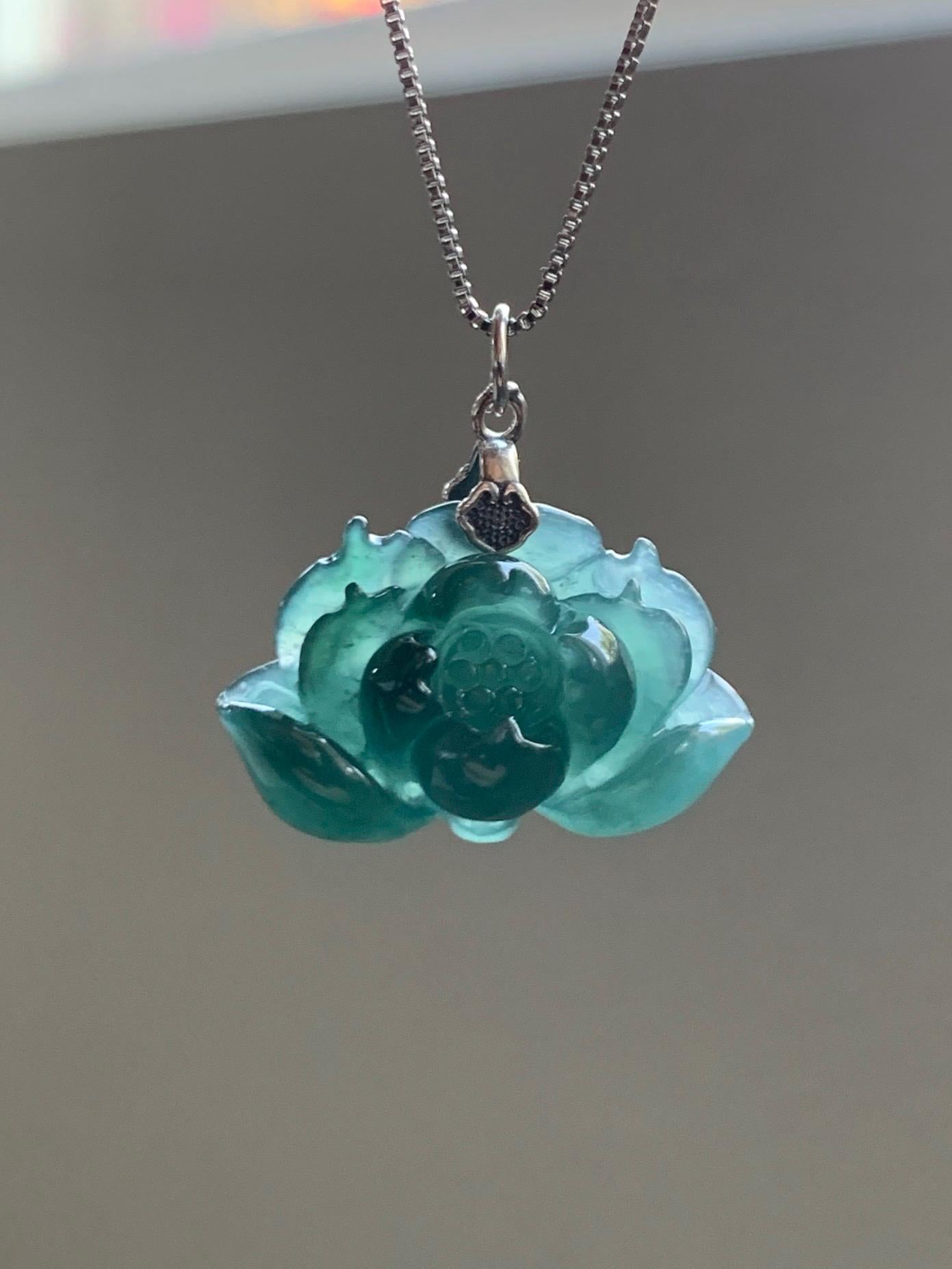 Natural Grade A Guatemalan Icy Translucent Dark Teal Jade Jadeite Carved Lotus Flower Pendant Sterling Silver 6g 天然冰危深蓝翡翠莲花吊坠 LHW330