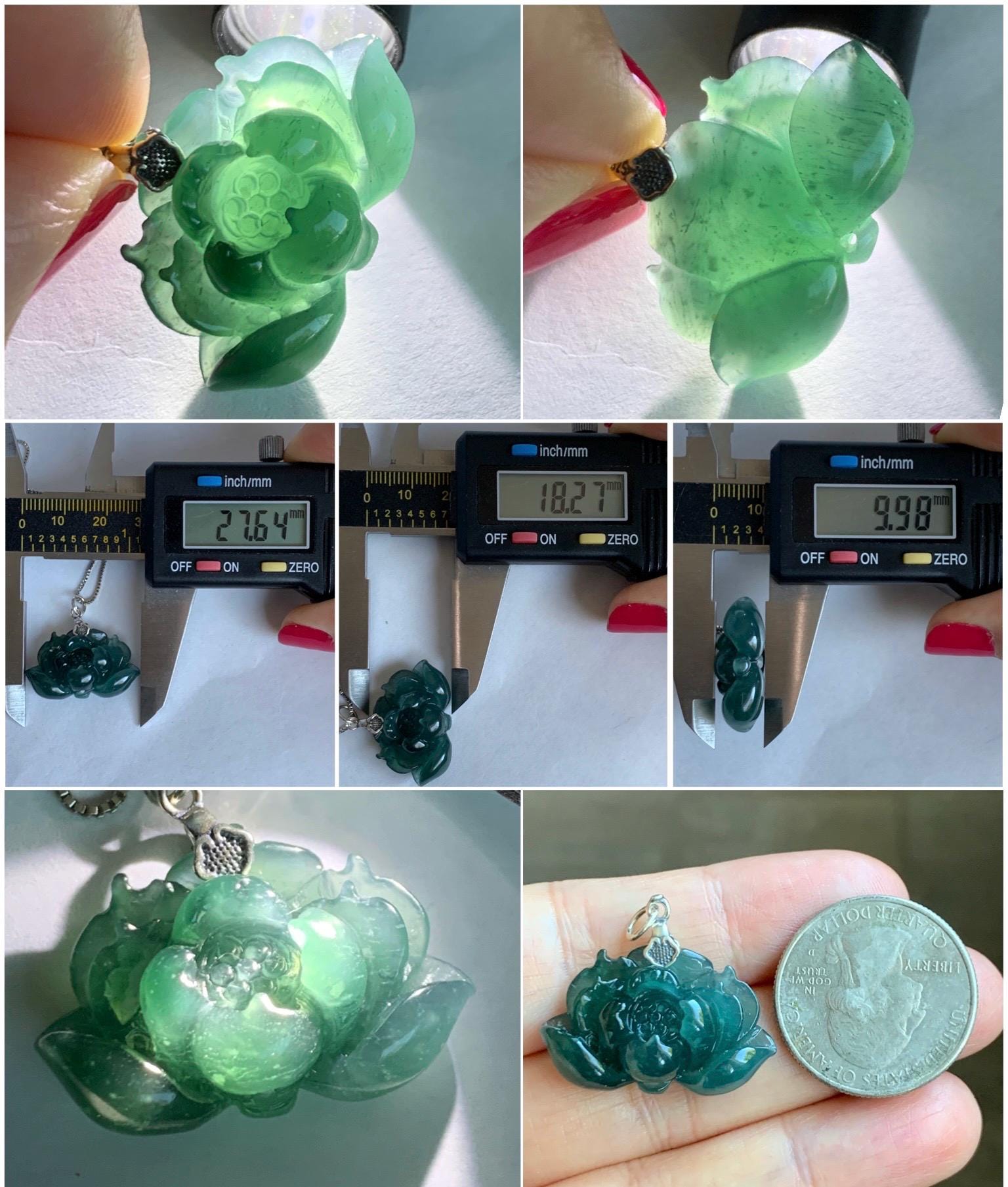 Natural Grade A Guatemalan Icy Translucent Dark Teal Jade Jadeite Carved Lotus Flower Pendant Sterling Silver 6g 天然冰危深蓝翡翠莲花吊坠 LHW330