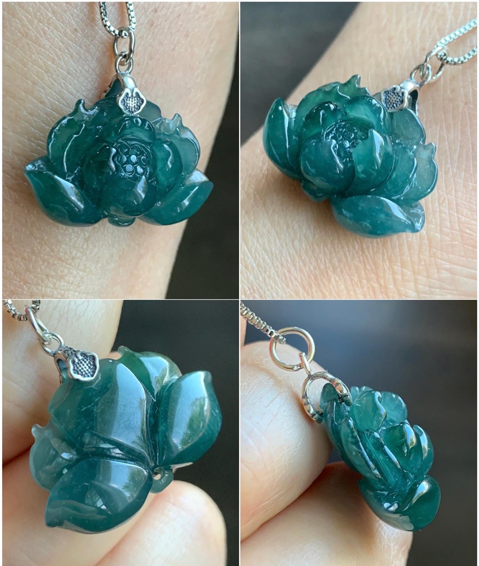 Natural Grade A Guatemalan Icy Translucent Dark Teal Jade Jadeite Carved Lotus Flower Pendant Sterling Silver 6g 天然冰危深蓝翡翠莲花吊坠 LHW330