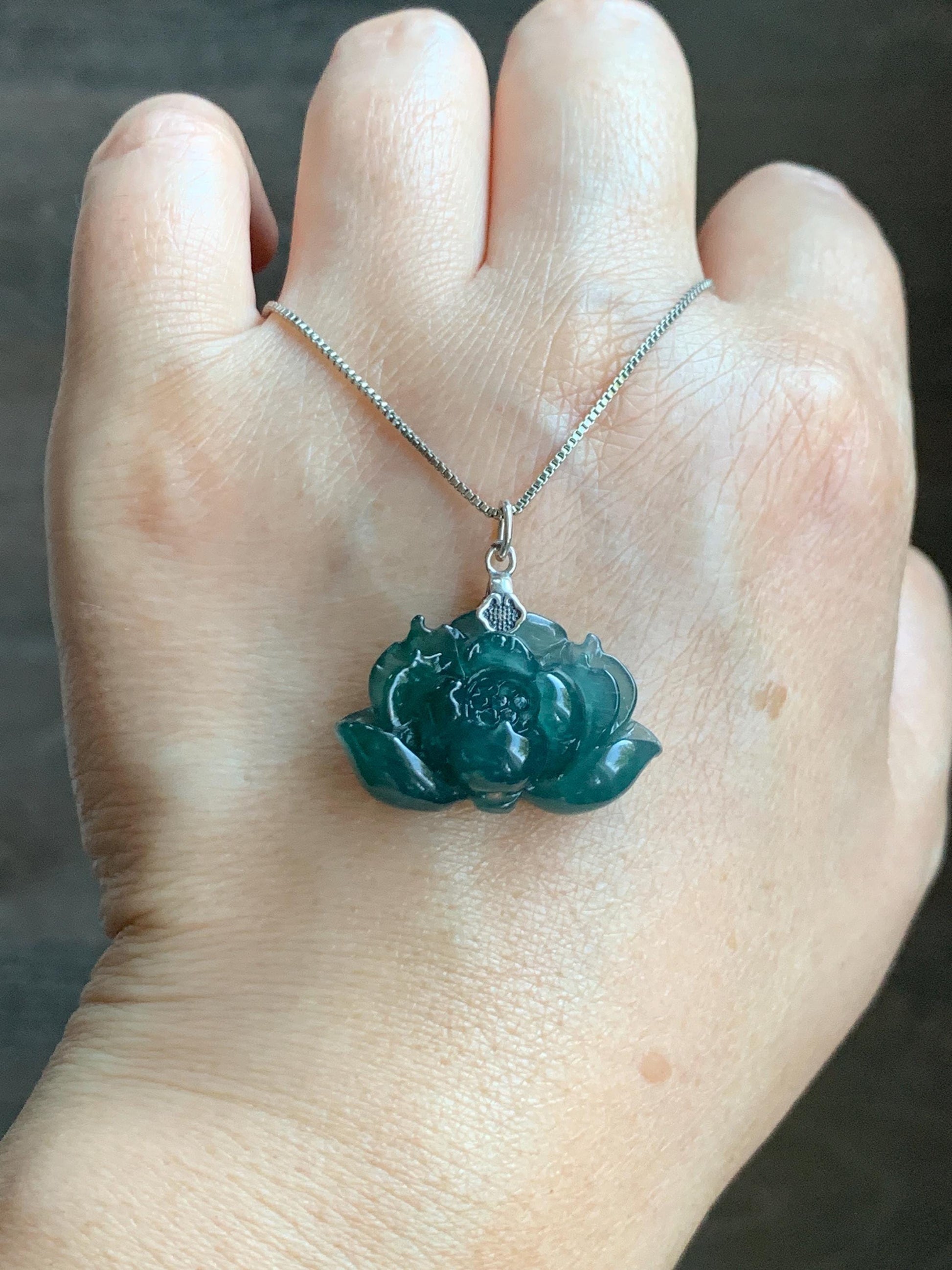Natural Grade A Guatemalan Icy Translucent Dark Teal Jade Jadeite Carved Lotus Flower Pendant Sterling Silver 6g 天然冰危深蓝翡翠莲花吊坠 LHW330