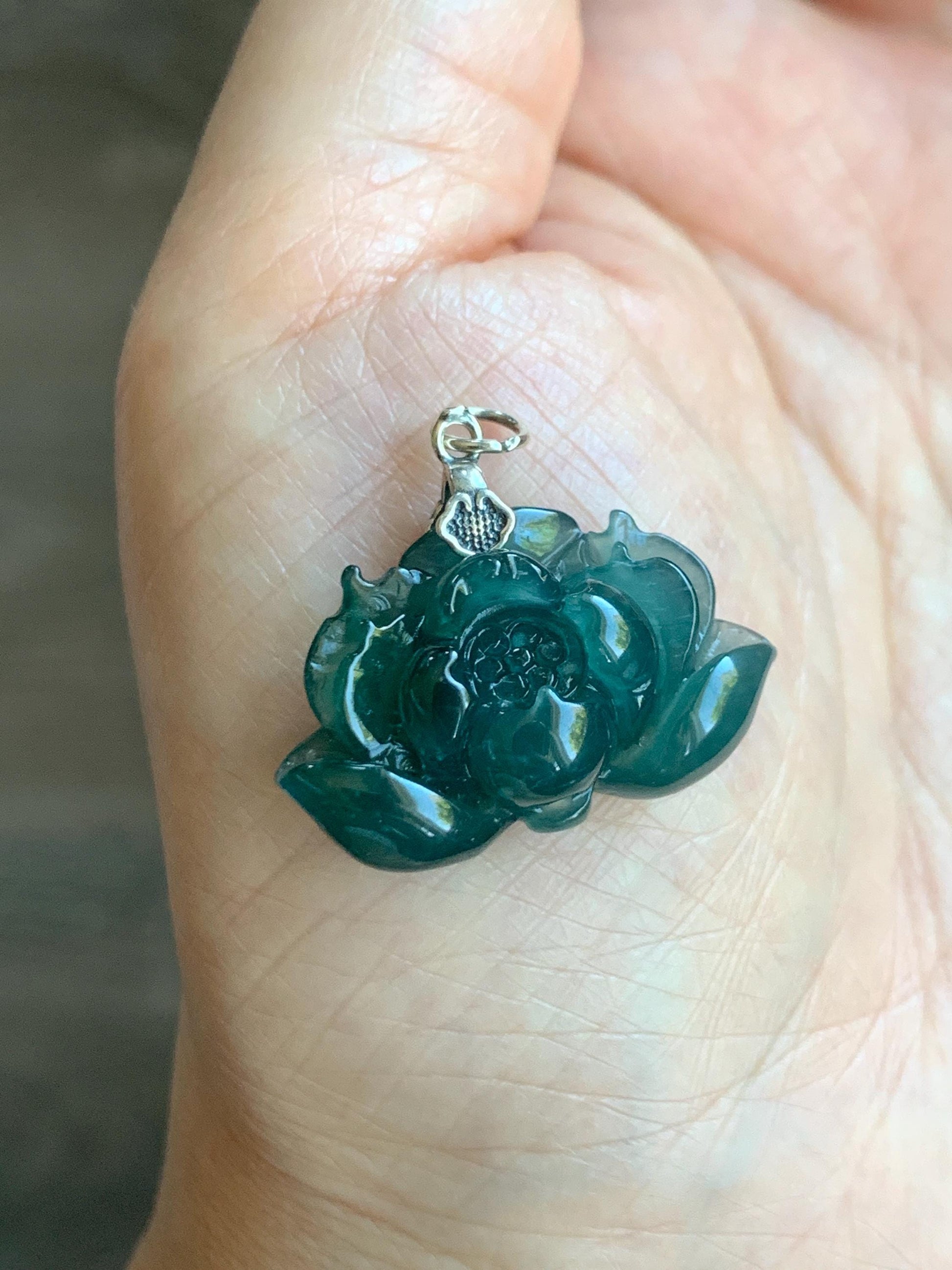Natural Grade A Guatemalan Icy Translucent Dark Teal Jade Jadeite Carved Lotus Flower Pendant Sterling Silver 6g 天然冰危深蓝翡翠莲花吊坠 LHW330