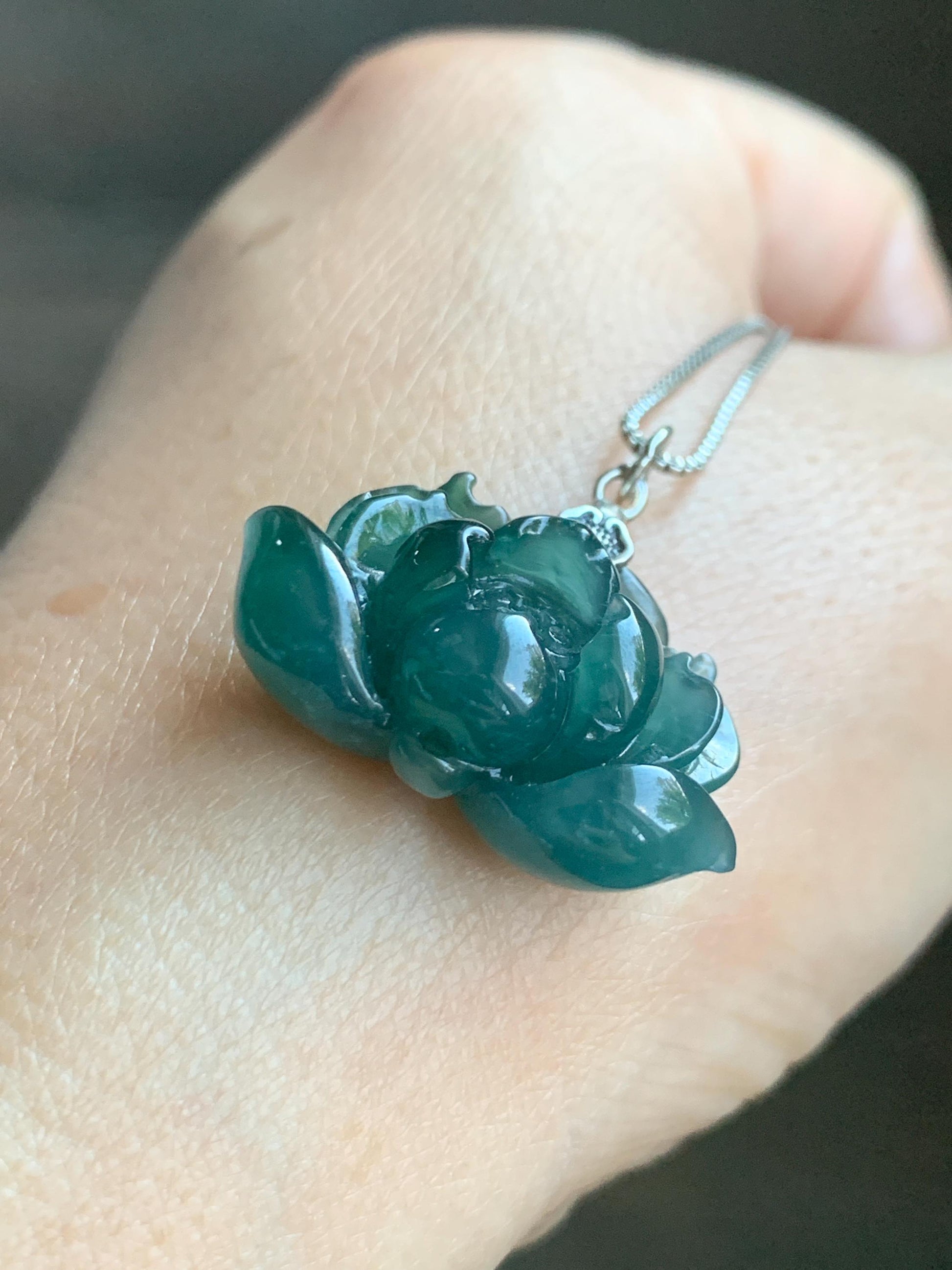 Natural Grade A Guatemalan Icy Translucent Dark Teal Jade Jadeite Carved Lotus Flower Pendant Sterling Silver 6g 天然冰危深蓝翡翠莲花吊坠 LHW330