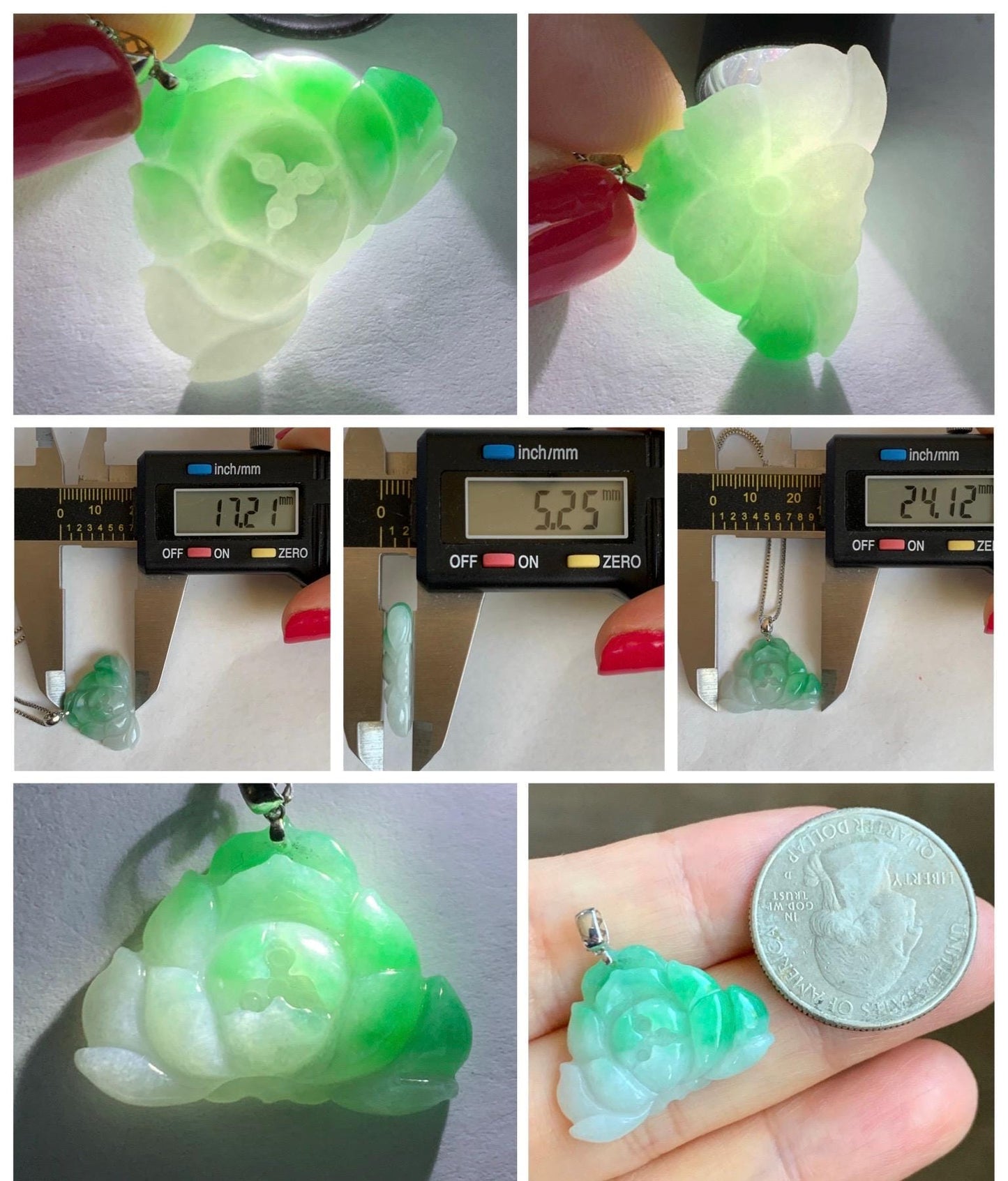 Natural Grade A Icy Translucent White & Green Marbled Jade Jadeite Lotus Flower Pendant 18K White Gold 3g 天然细糯白第青花翡翠莲花镶嵌吊坠 MBQ560