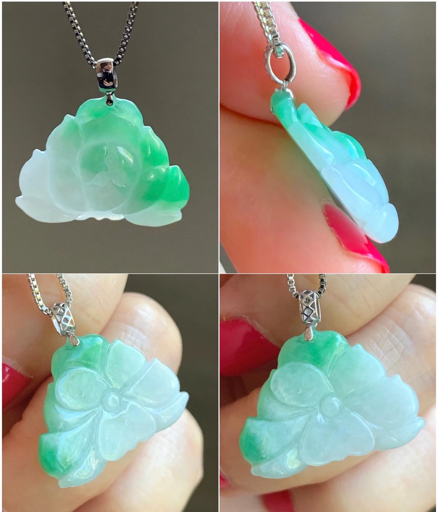 Natural Grade A Icy Translucent White & Green Marbled Jade Jadeite Lotus Flower Pendant 18K White Gold 3g 天然细糯白第青花翡翠莲花镶嵌吊坠 MBQ560