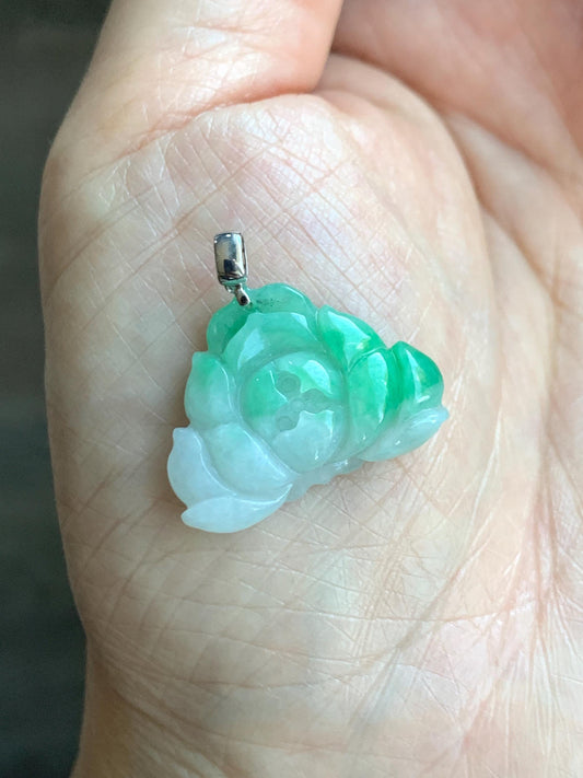 Natural Grade A Icy Translucent White & Green Marbled Jade Jadeite Lotus Flower Pendant 18K White Gold 3g 天然细糯白第青花翡翠莲花镶嵌吊坠 MBQ560
