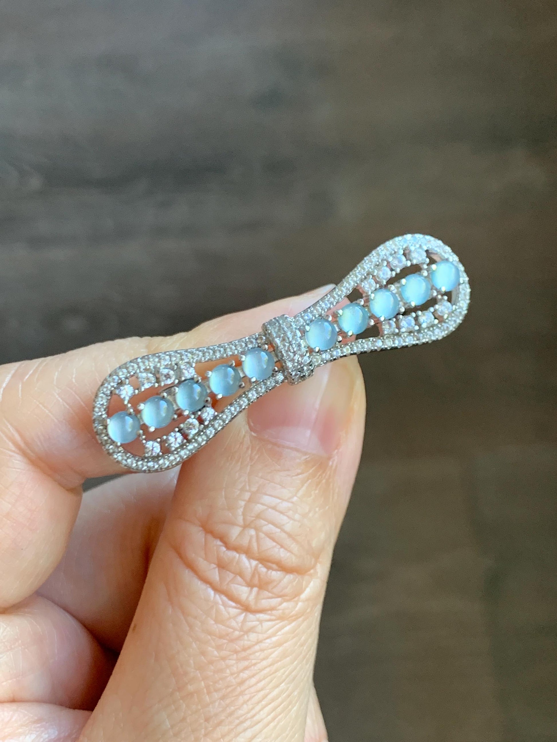 Natural Grade A Guatemalan Icy Highly Translucent Pastel Blue Jade Jadeite Bow Brooch S925 Sterling Silver 6g 天然冰危淡蓝起光翡翠银镶蝴蝶结胸针 HDJ130