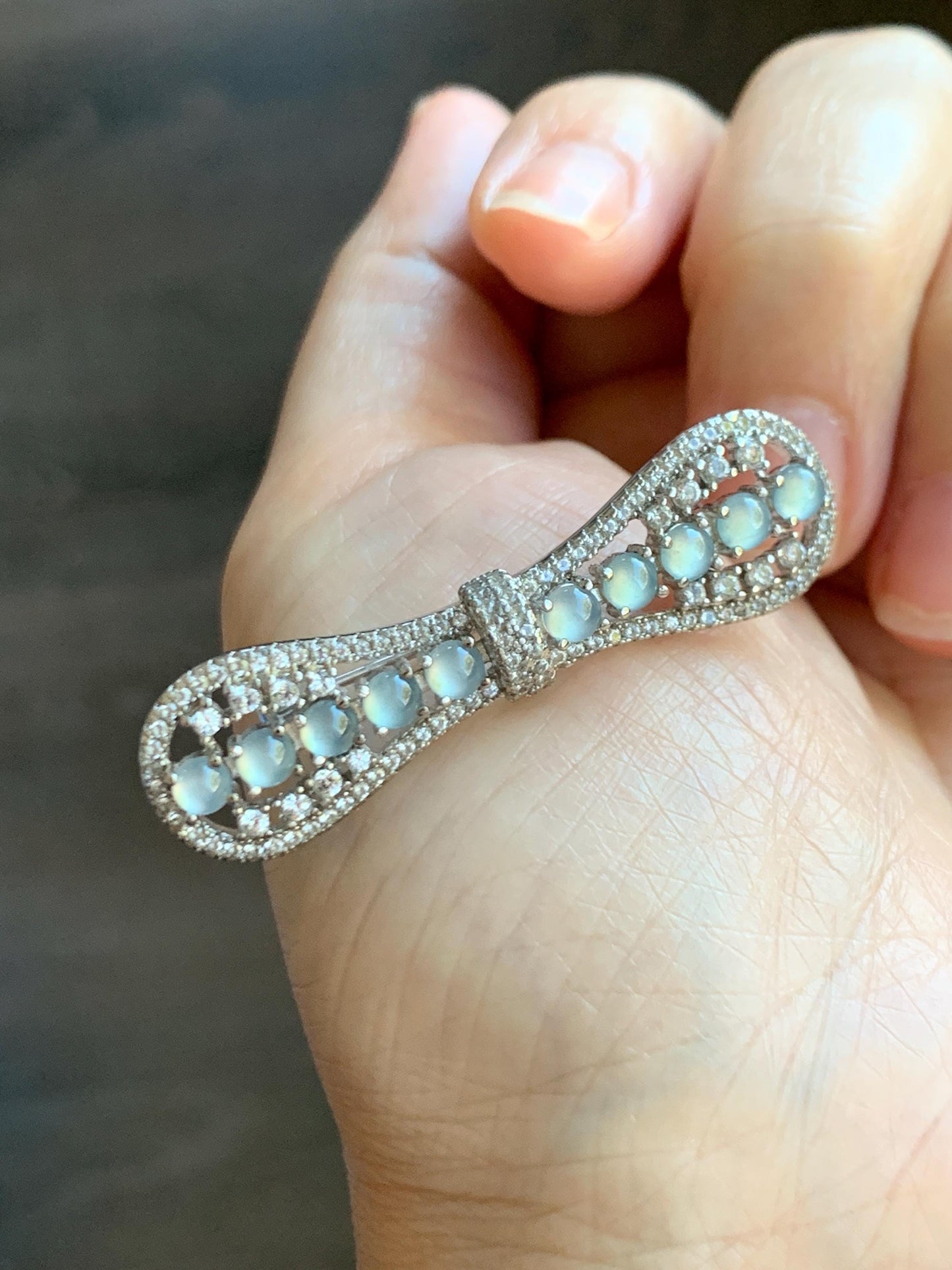 Natural Grade A Guatemalan Icy Highly Translucent Pastel Blue Jade Jadeite Bow Brooch S925 Sterling Silver 6g 天然冰危淡蓝起光翡翠银镶蝴蝶结胸针 HDJ130