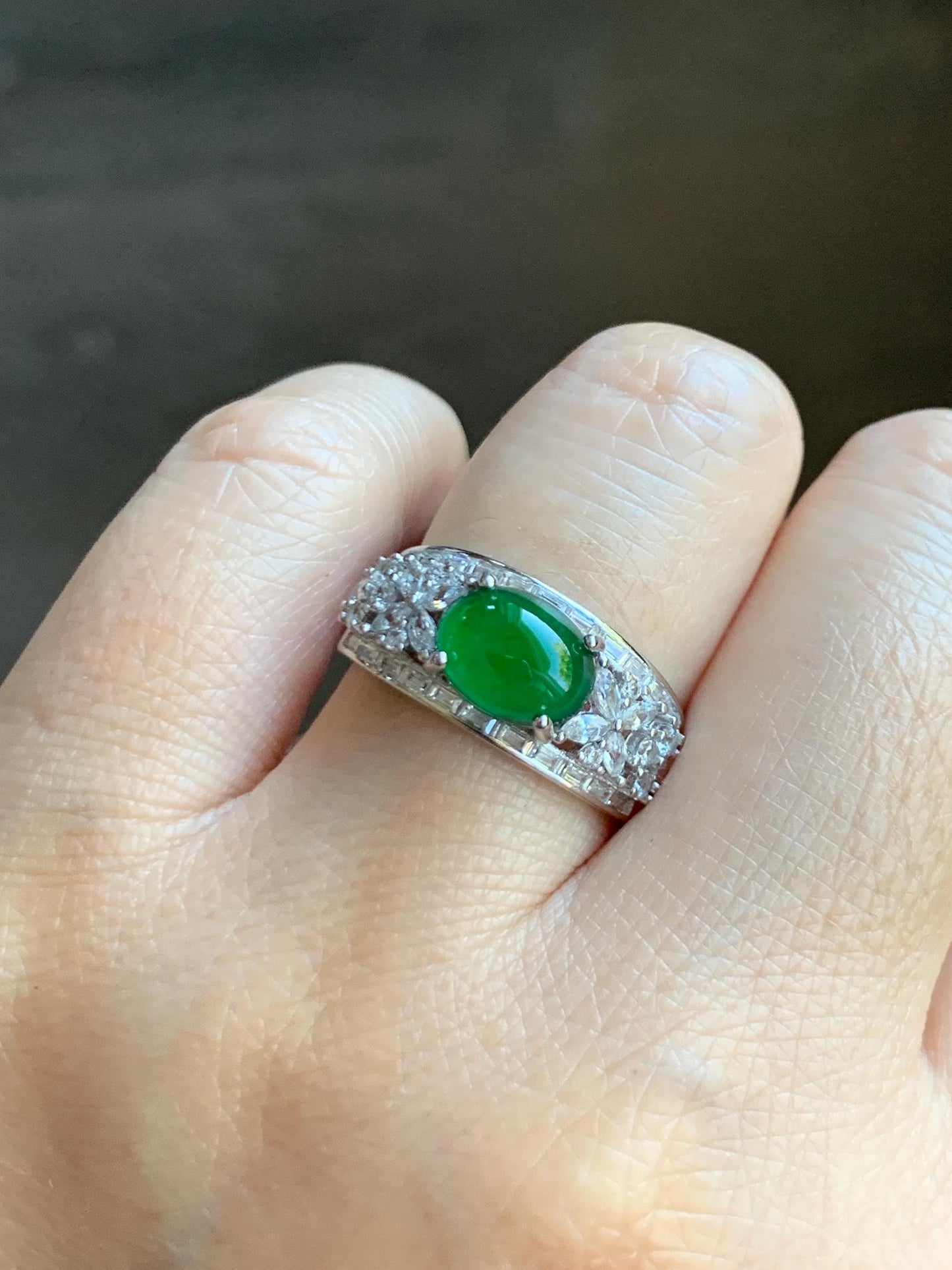 Natural Grade A Guatemalan Icy Translucent Vibrant Green Cabochon Jade Jadeite Ring Sterling Silver Size Adjustable 3g 天然冰危绿翡翠银镶戒指 WLO128